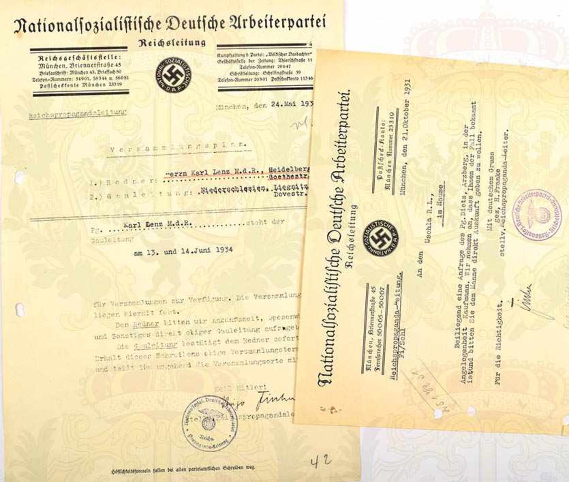 2 SCHREIBEN DER REICHSPROPAGANDALEITUNG, 1931 u. 1934, jew. m. OU Hugo „Fischer“ (Teilnehmer am