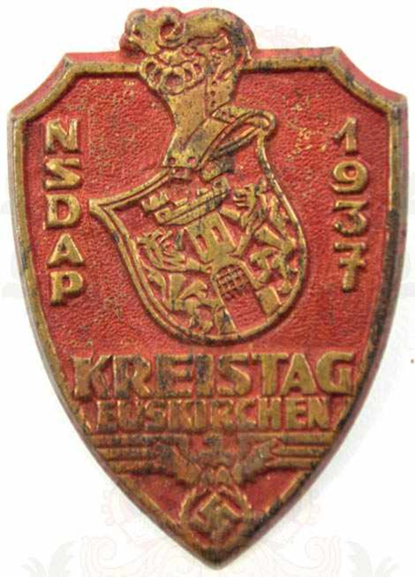 NSDAP-KREISTAG EUSKIRCHEN 1937, Buntmetall, rot lackiert, Quernadel