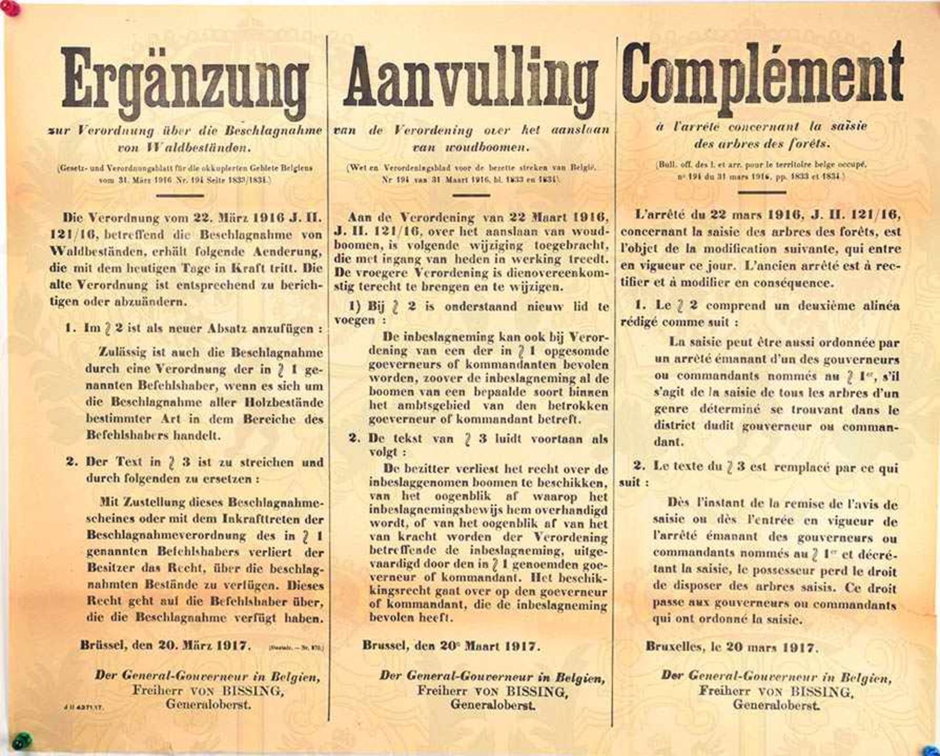 3 WANDANSCHLÄGE, Verordnungen über Münzwährung, Beschlagnahme v. Holz u. Waldbeständen, Brüssel