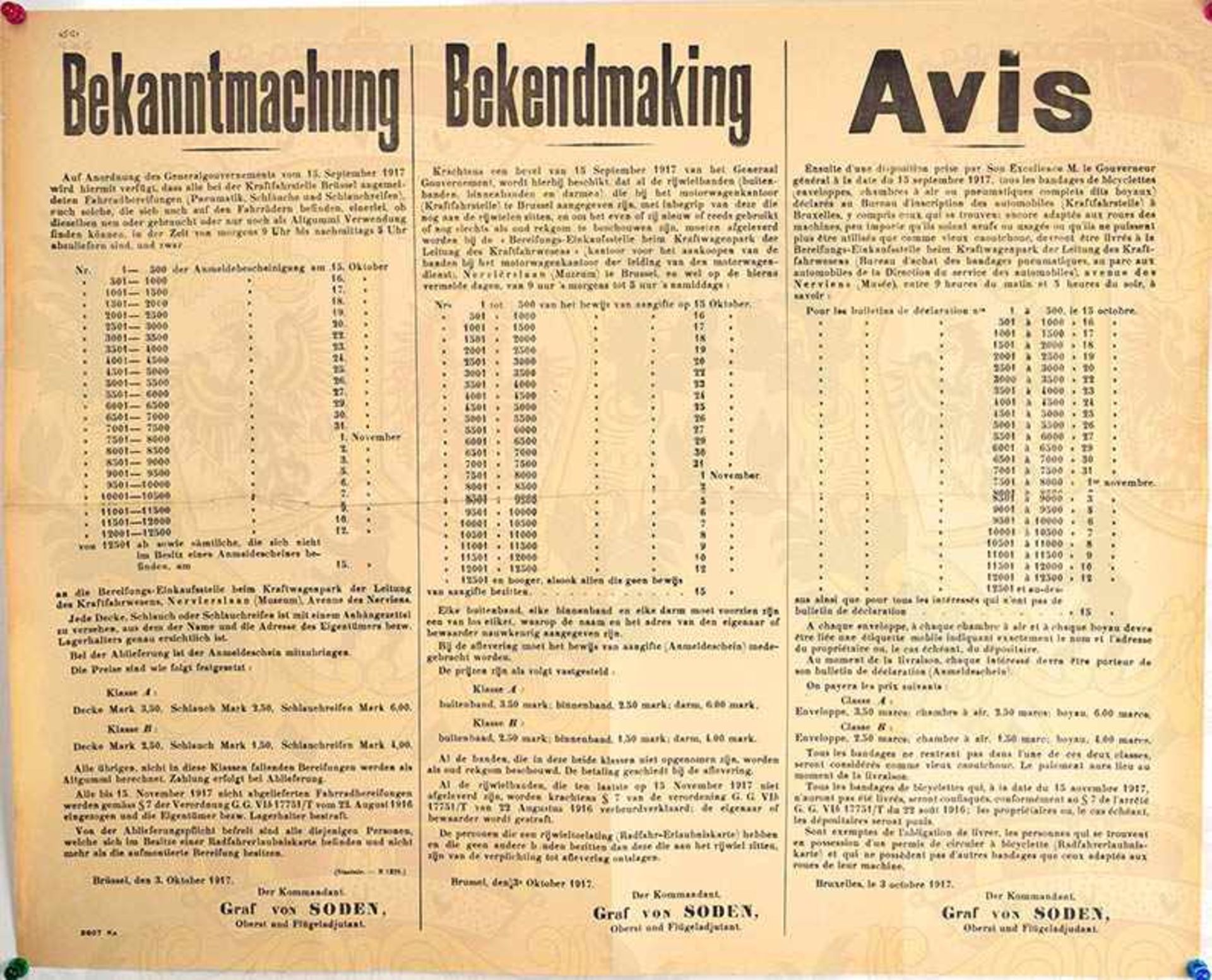 3 WANDANSCHLÄGE, Brüssel 1917, Haferschmuggel, Getreidepreise, Fahrradreifen-Erfassung, dt./fläm./ - Bild 2 aus 3