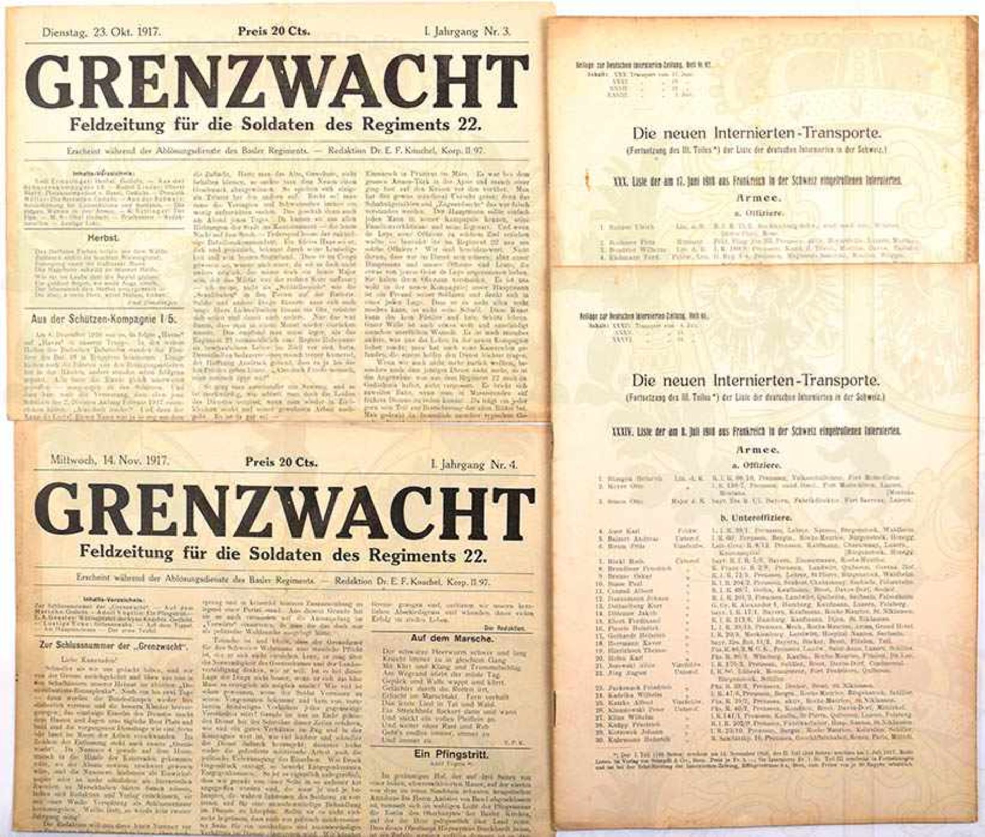 5 INTERNIERTEN-LISTEN, Beilagen z. Dt. Internierten-Zeitung, um 1917, zahlr. Namen von Off., Uffz.