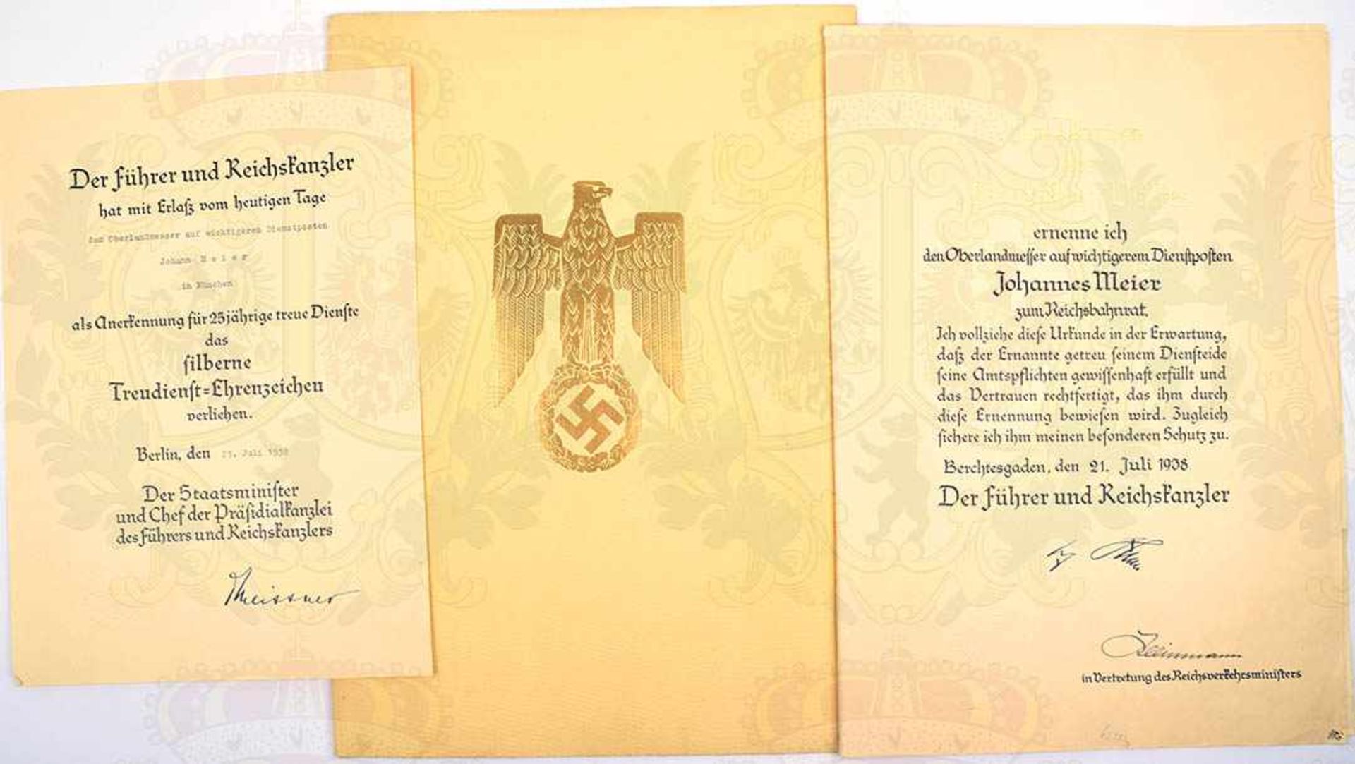 DOKUMENTENGRUPPE EINES REICHSBAHNRATES, VU zum Treudienst-Ehrenzeichen in Silber, 1938;