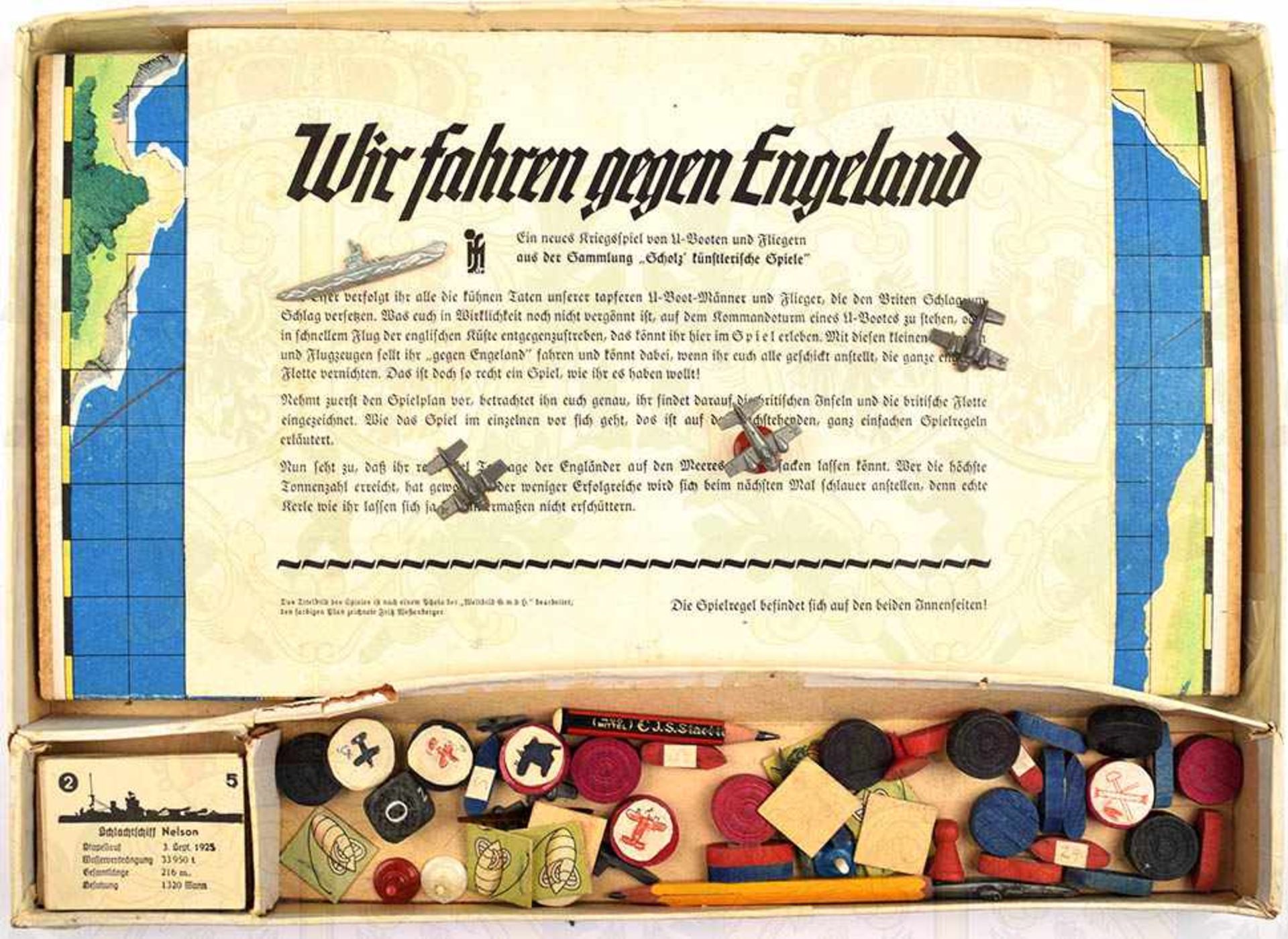 BRETTSPIEL „WIR FAHREN GEGEN ENGELAND“, Herst. JSM, um 1940, 2fach gefaltetes Spielbrett m. zahlr. - Bild 2 aus 2