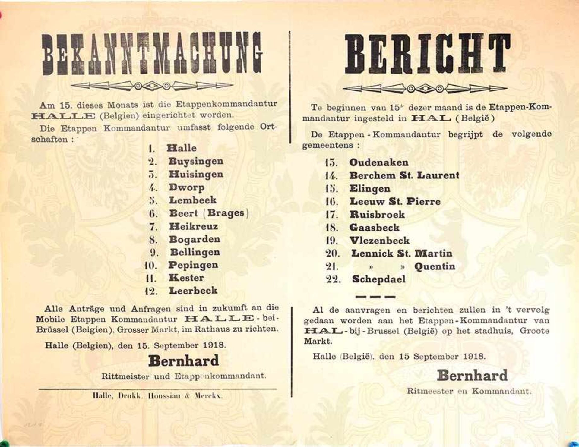 WANDANSCHLAG, Bekanntmachung d. Ortsliste d. Etappen-Kommandantur Halle in Belgien, 15. 9. 1918,