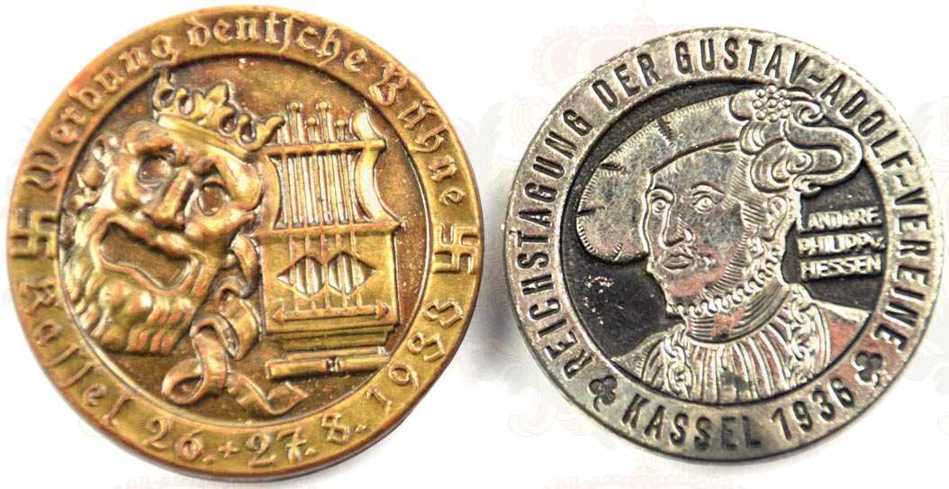 2 ABZEICHEN KASSEL: Werbung deutsche Bühne 1933; Reichstagung der Gustav-Adolf-Vereine 1936,