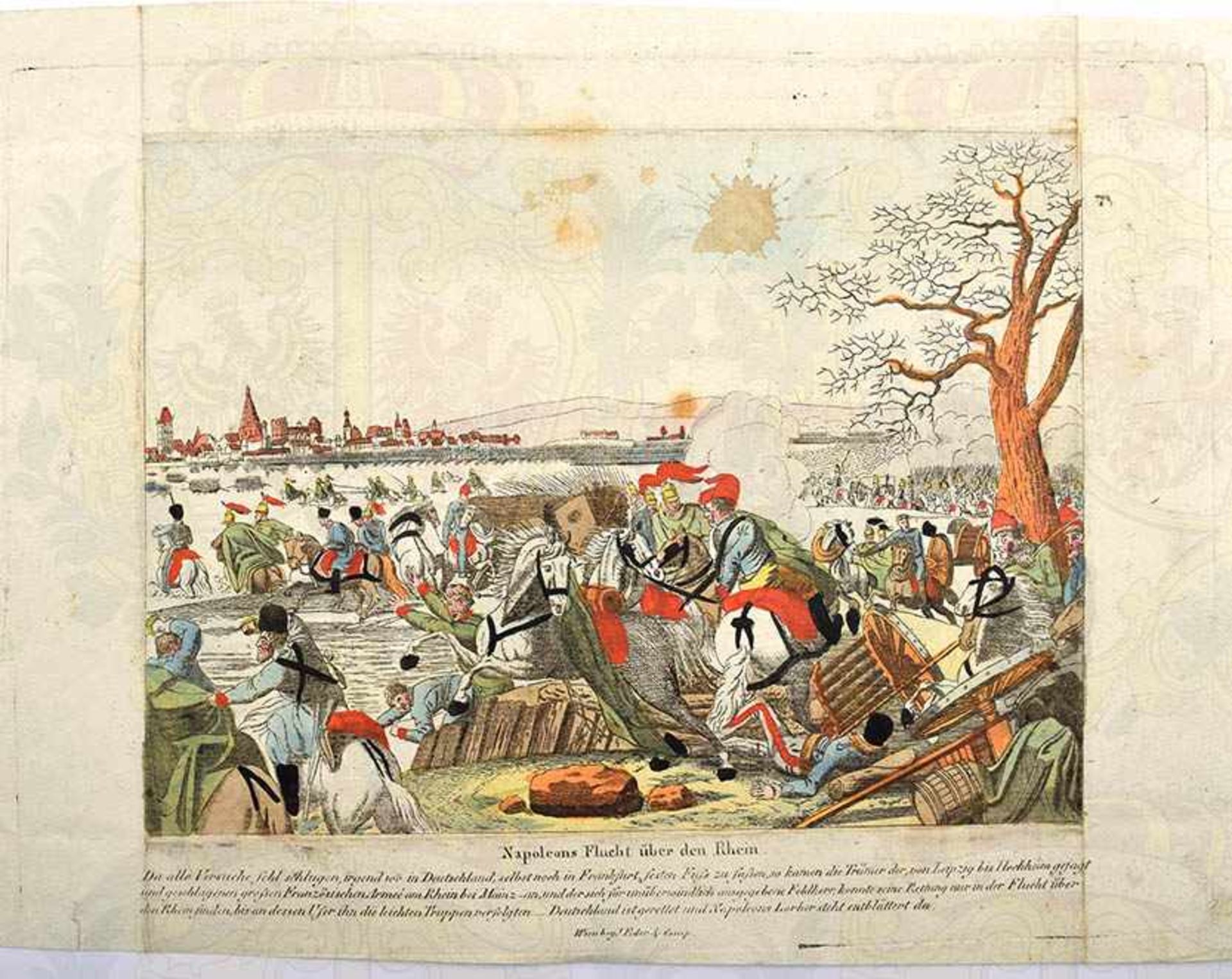 NAPOLEONS FLUCHT ÜBER DEN RHEIN, colorierter Kupferstich v. Josef Eder, Wien um 1815/20, 29x21 cm,