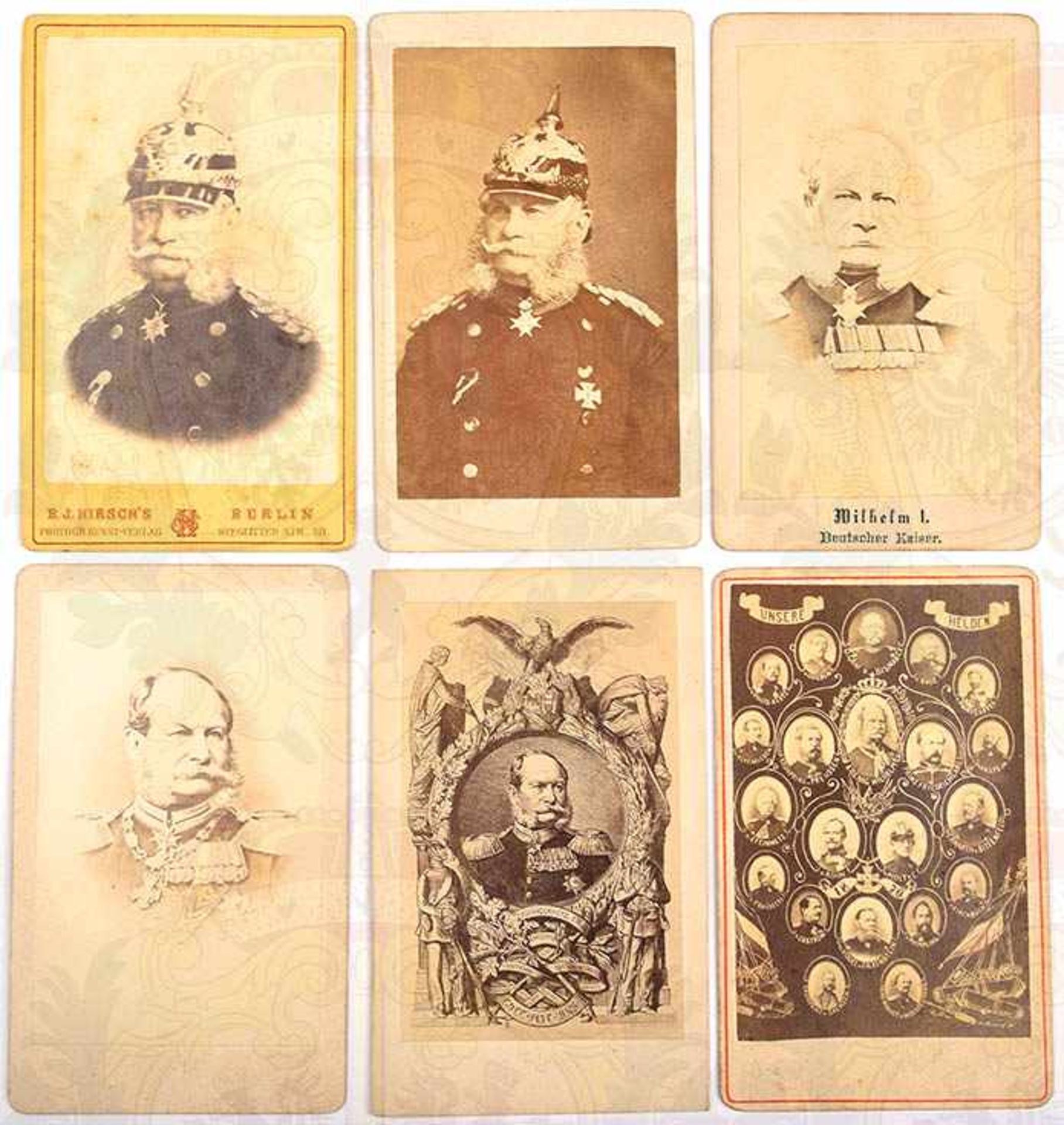 6 VISITFOTOS KAISER WILHELM I., Halbportraits in Uniform, m. zahlr. Orden, 2x m. Helm, 1x m.