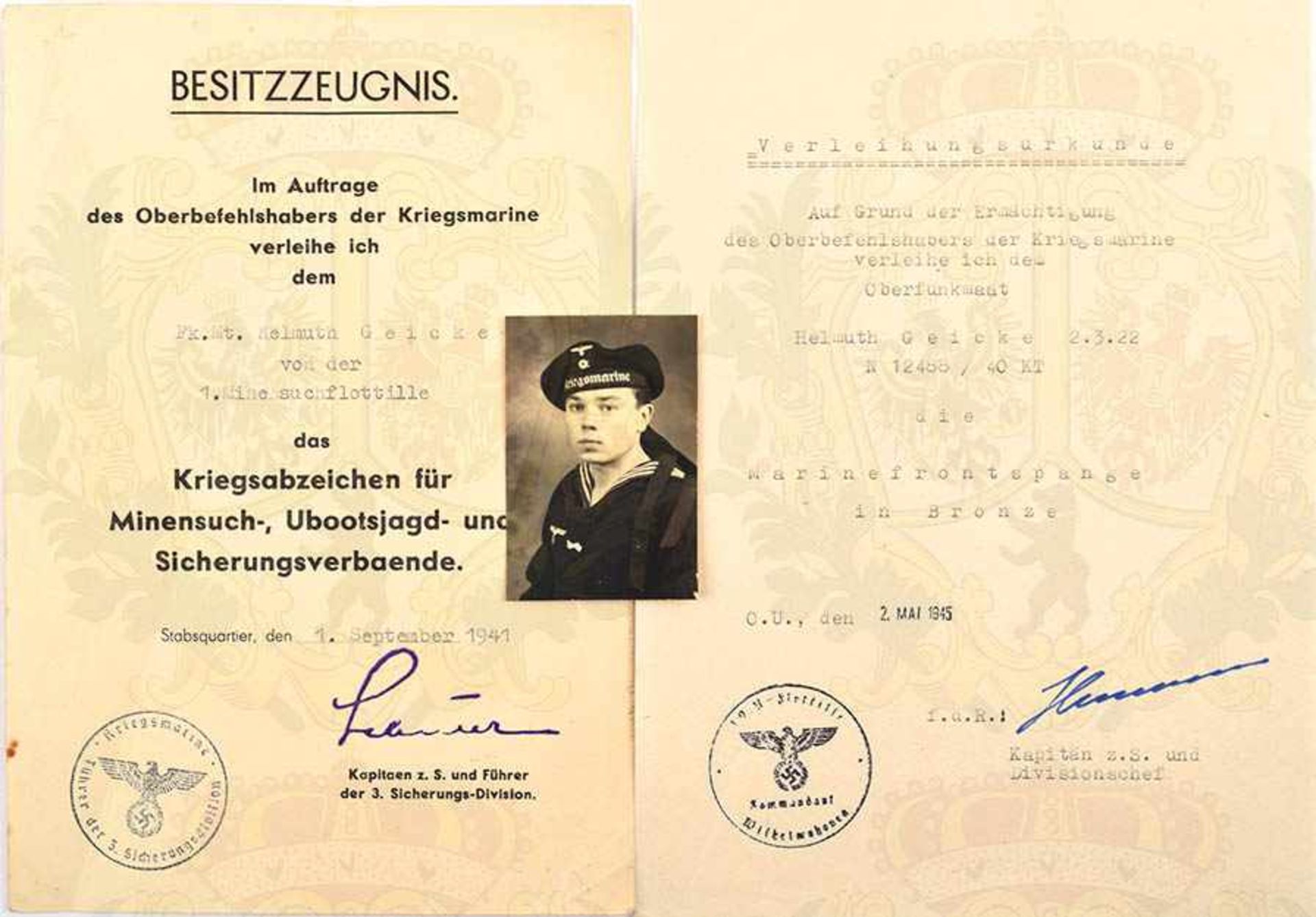 URKUNDENGRUPPE EINES OBERFUNKMAATEN, VU z. Minensucherabzeichen, (1. MS-Flottille), 1. Sept. 1941,