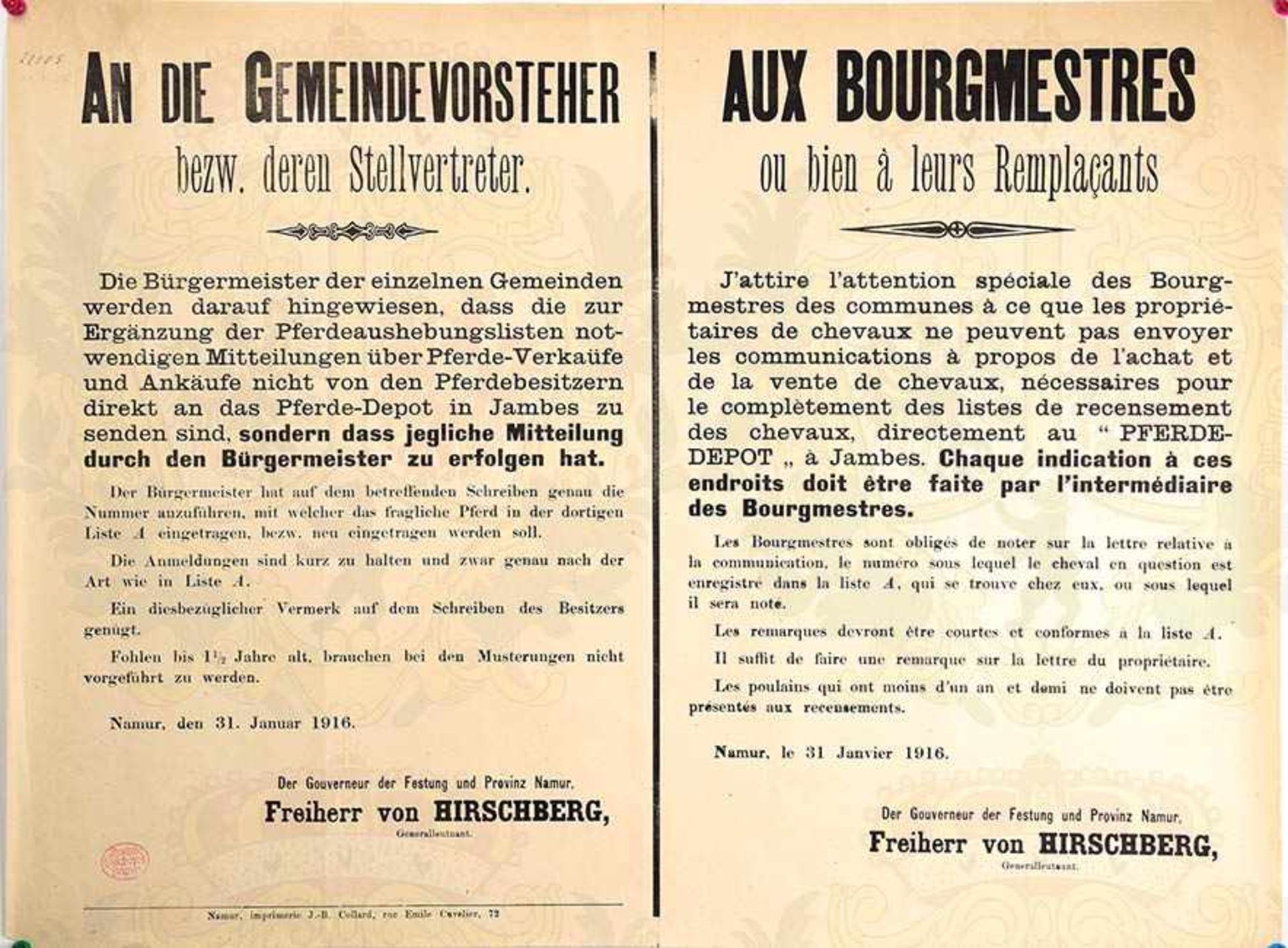 2 WANDANSCHLÄGE BESETZTES BELGIEN, Pferde-Aushebungslisten, Namur, 31. Jan. 1916; Preise f. - Bild 2 aus 2