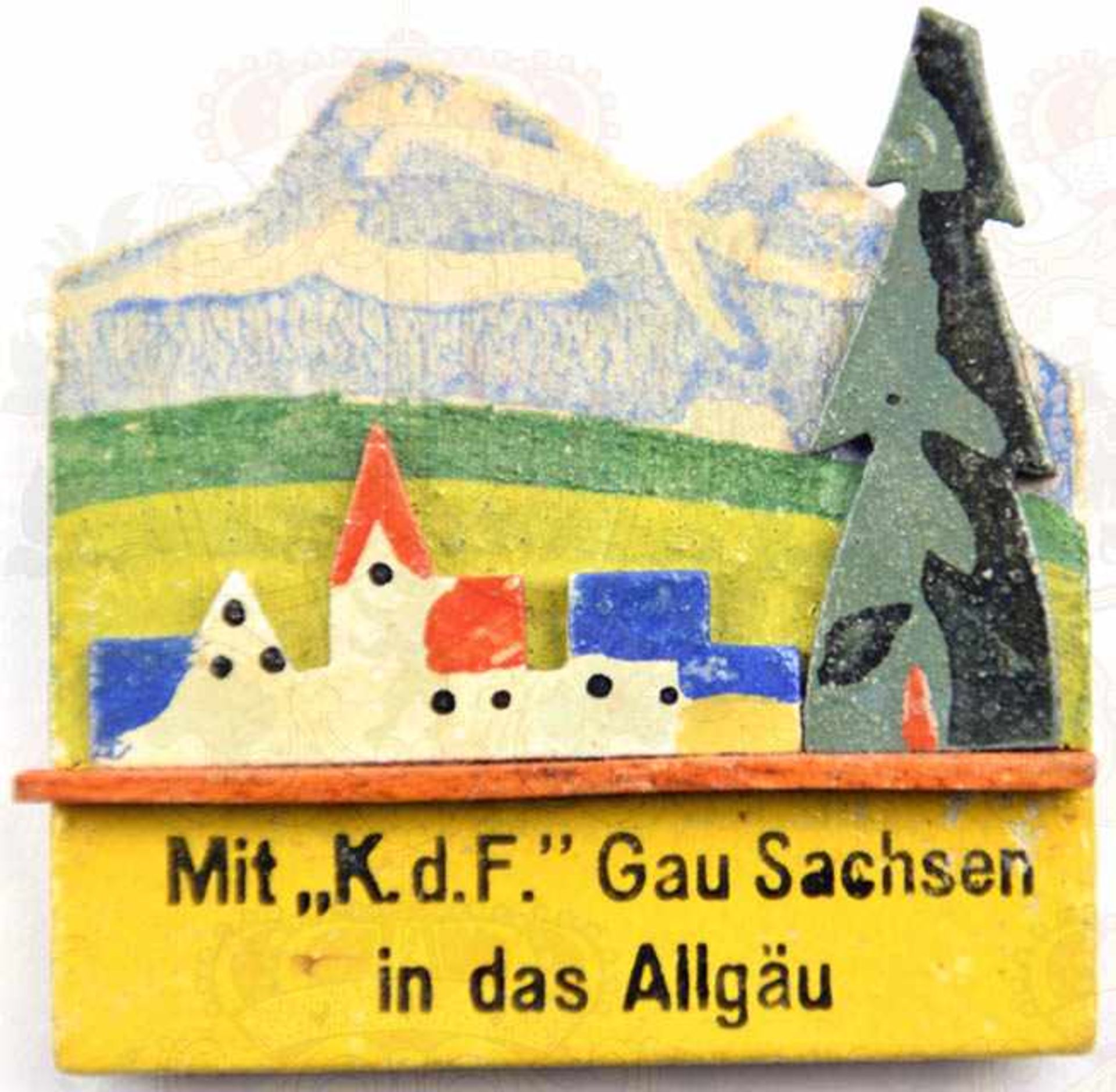 TEILNEHMER-ABZEICHEN „Mit K.d.F. Gau Sachsen in das Allgäu“, Holz, mehrteilige Fertigung, farbig