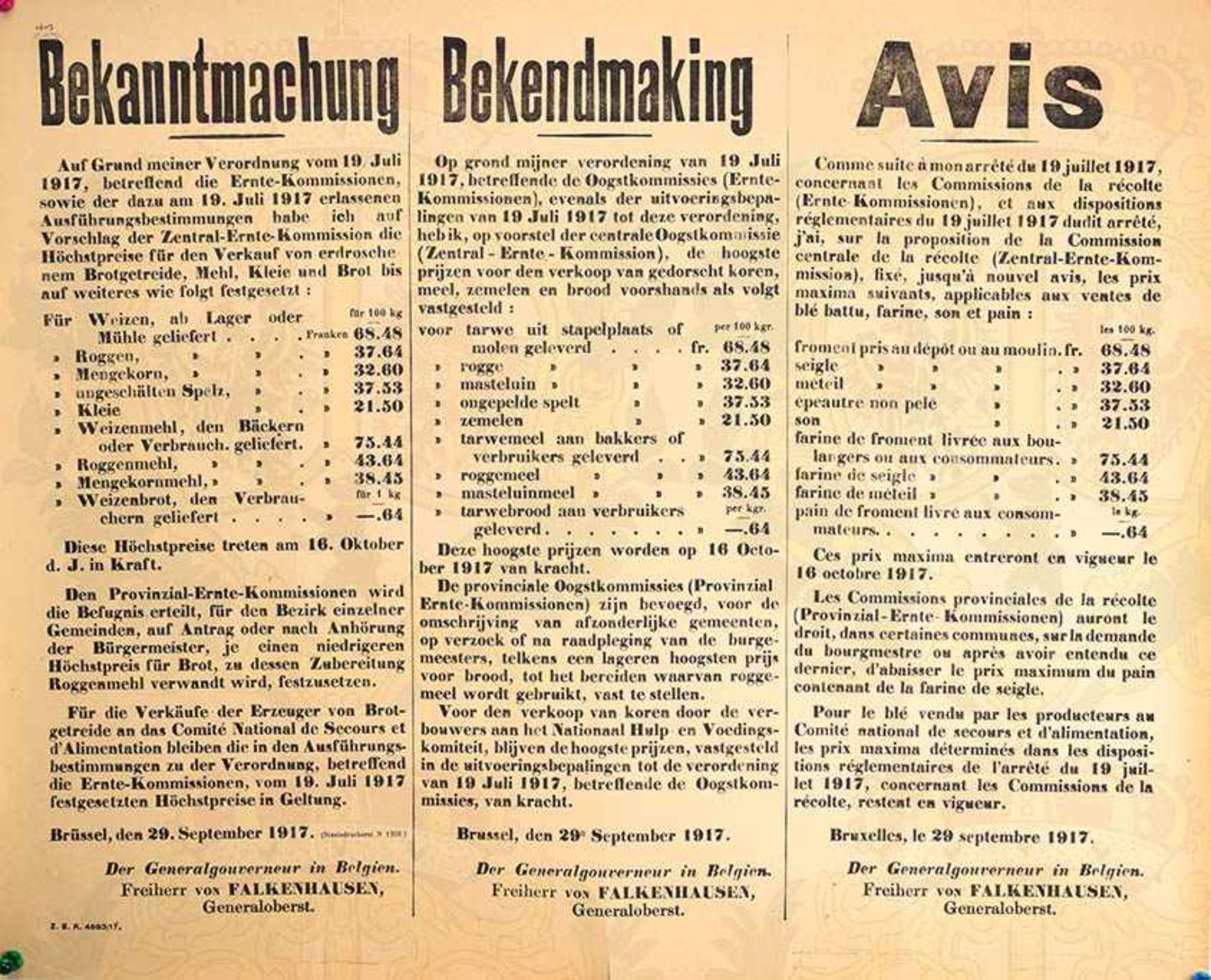 3 WANDANSCHLÄGE, Brüssel 1917, Haferschmuggel, Getreidepreise, Fahrradreifen-Erfassung, dt./fläm./ - Bild 3 aus 3
