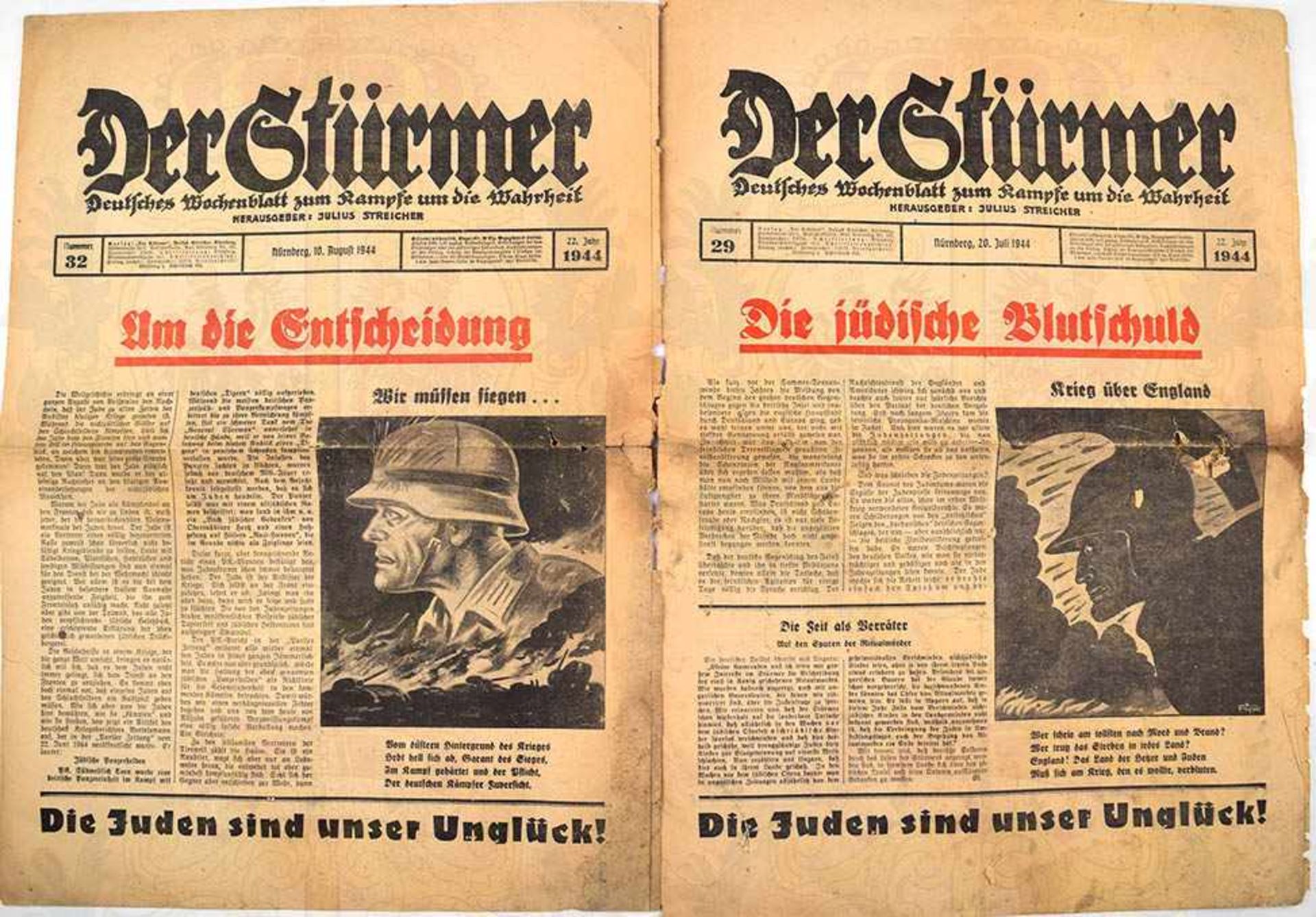 DER STÜRMER, 6 Ausgaben, Jg. 1944, Nr. 29-33 u. 51, dabei „Die jüdische Blutschuld“, „Die große - Bild 2 aus 2