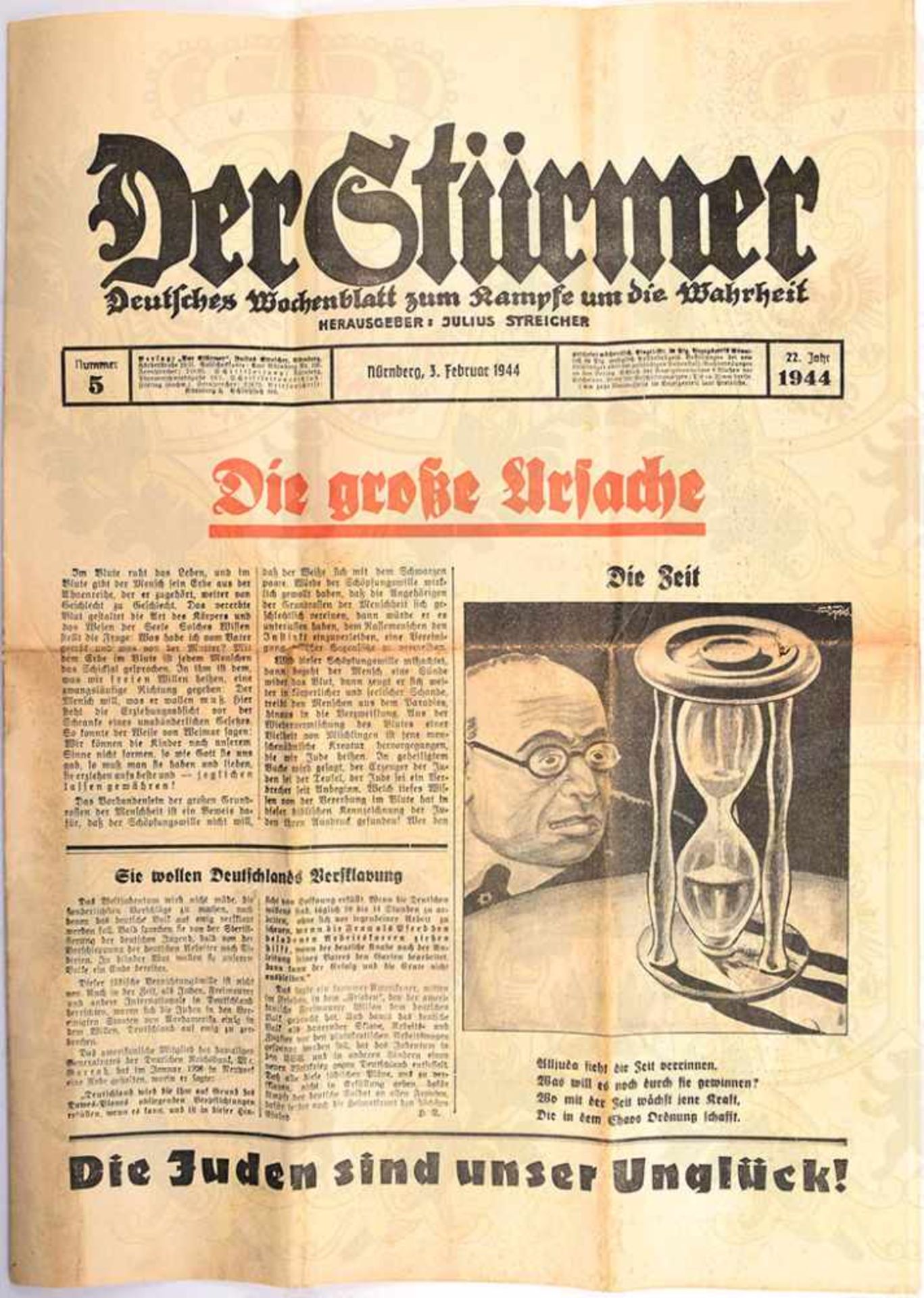 DER STÜRMER, 3. 2. 1944, „Sie wollen Deutschlands Versklavung“, „Ritualmorde“ etc., Fotos,
