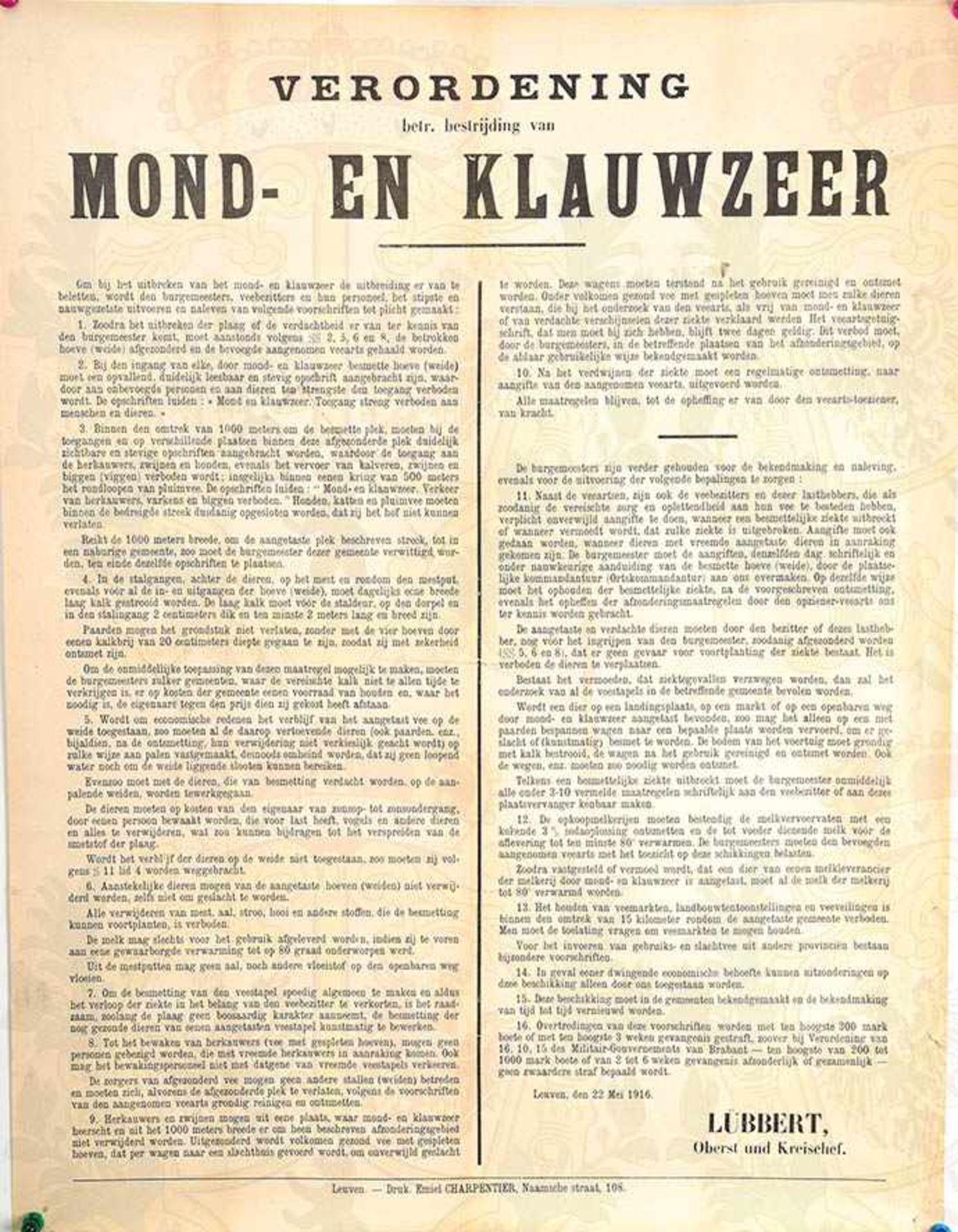 3 WANDANSCHLÄGE, Verordnungen über Tollwut bei Hunden sowie Maul- u. Klauenseuche, Lüttich, Namur u. - Bild 3 aus 3