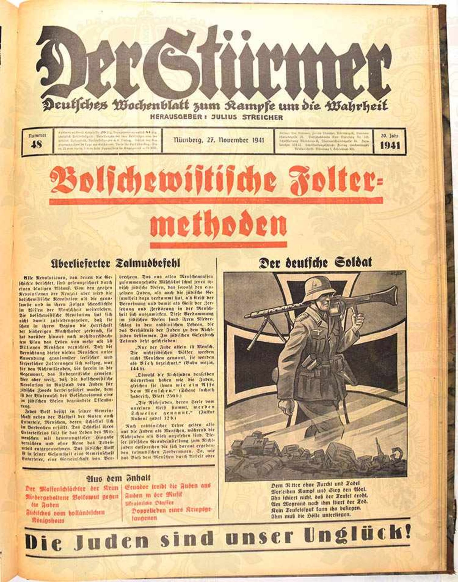 DER STÜRMER, 52 Ausgaben, Jg. 1941, Nr. 1-46 u. 48-52, eingebundene Nr. 47 vom Jg. 1939, dabei „ - Bild 4 aus 4