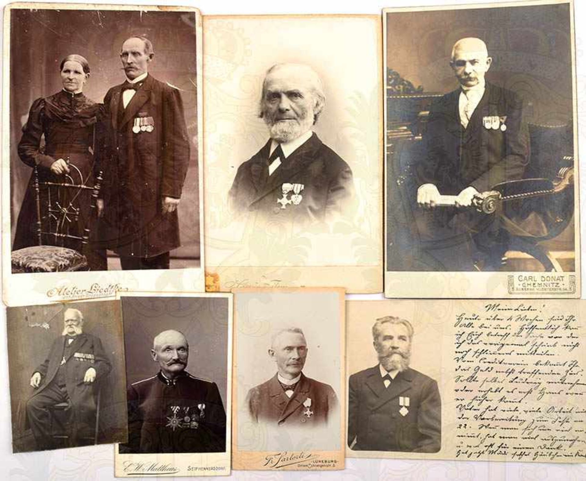 7 ATELIERFOTOS VETERANEN MIT ORDENSPANGEN, 1866-1871, 3teilig u. 5teilig, 1x m. 4 Gefechtsspangen