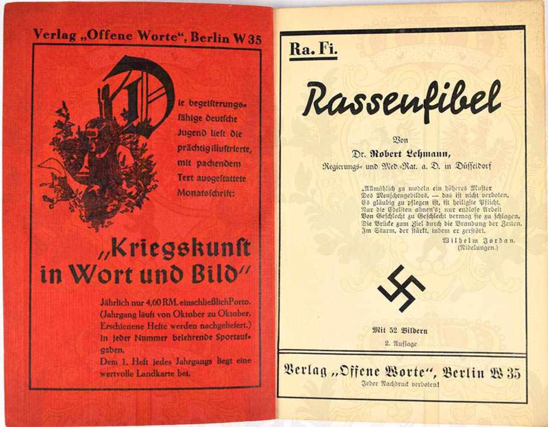 RASSENFIBEL, Robert Lehmann, Verlag Offene Worte, Düsseldorf 1934, 99 S., Abb., Broschur - Bild 2 aus 2