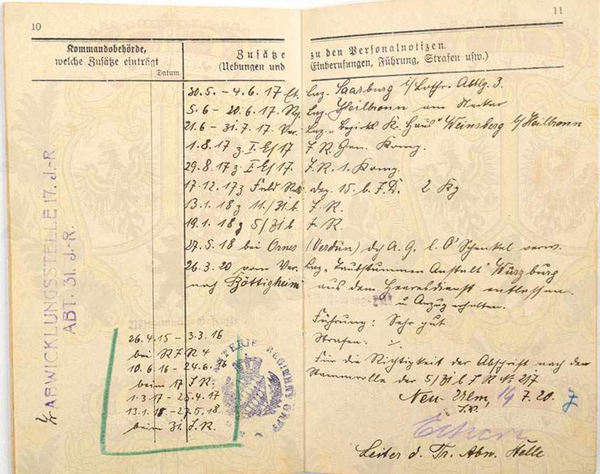 MILITÄRPASS EINES INFANTERISTEN, des 17. bayr. Inf.-Rgt. „Orff“, (Zweitschrift), Einträge 1915-1920, - Bild 2 aus 2