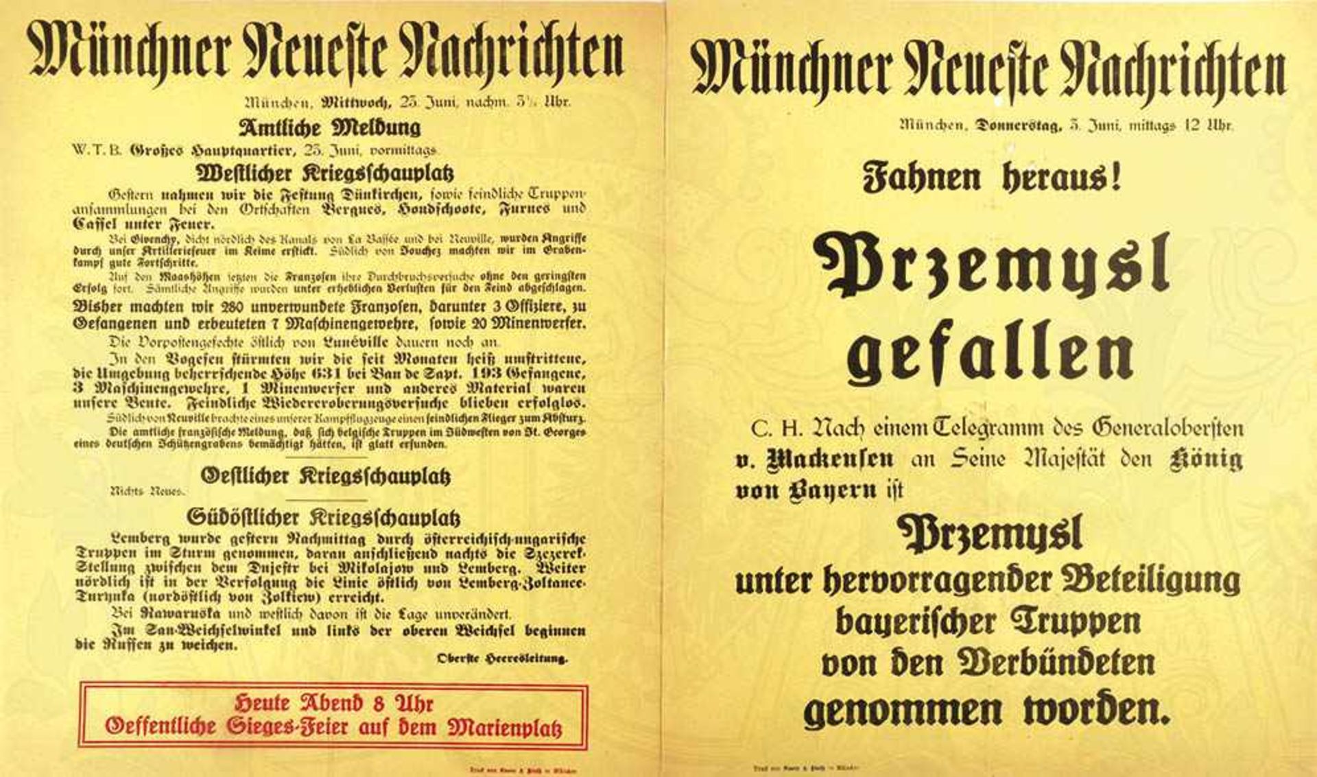 12 WANDANSCHLÄGE „Münchner Neueste Nachrichten“, Nachrichten aktueller Kriegsereignisse, 3.6.1915-