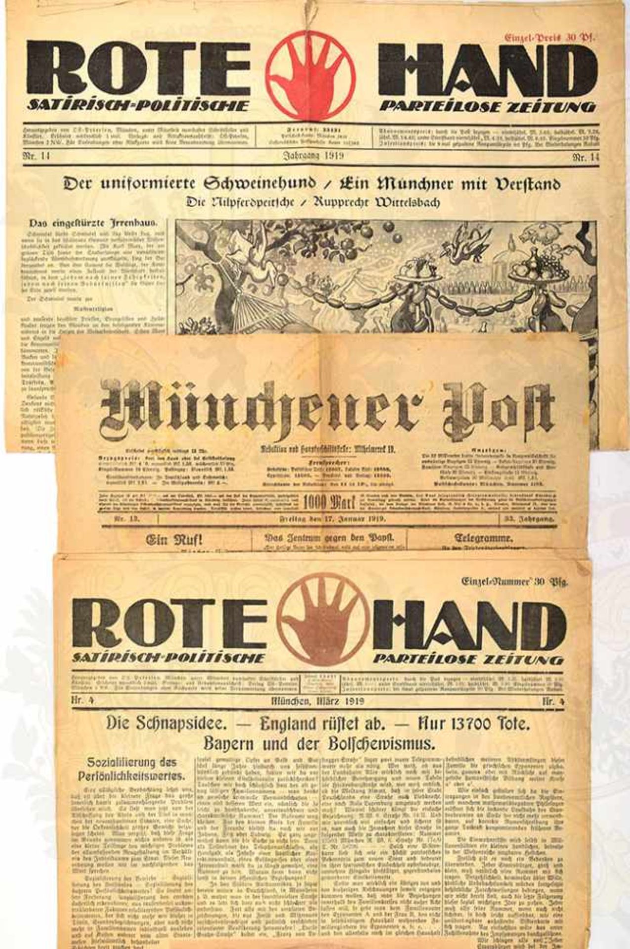 2 AUSGABEN „ROTE HAND“, „Satirisch-politische parteilose Zeitung“, Jahrgang 1919, Nr. 4 u. 14,