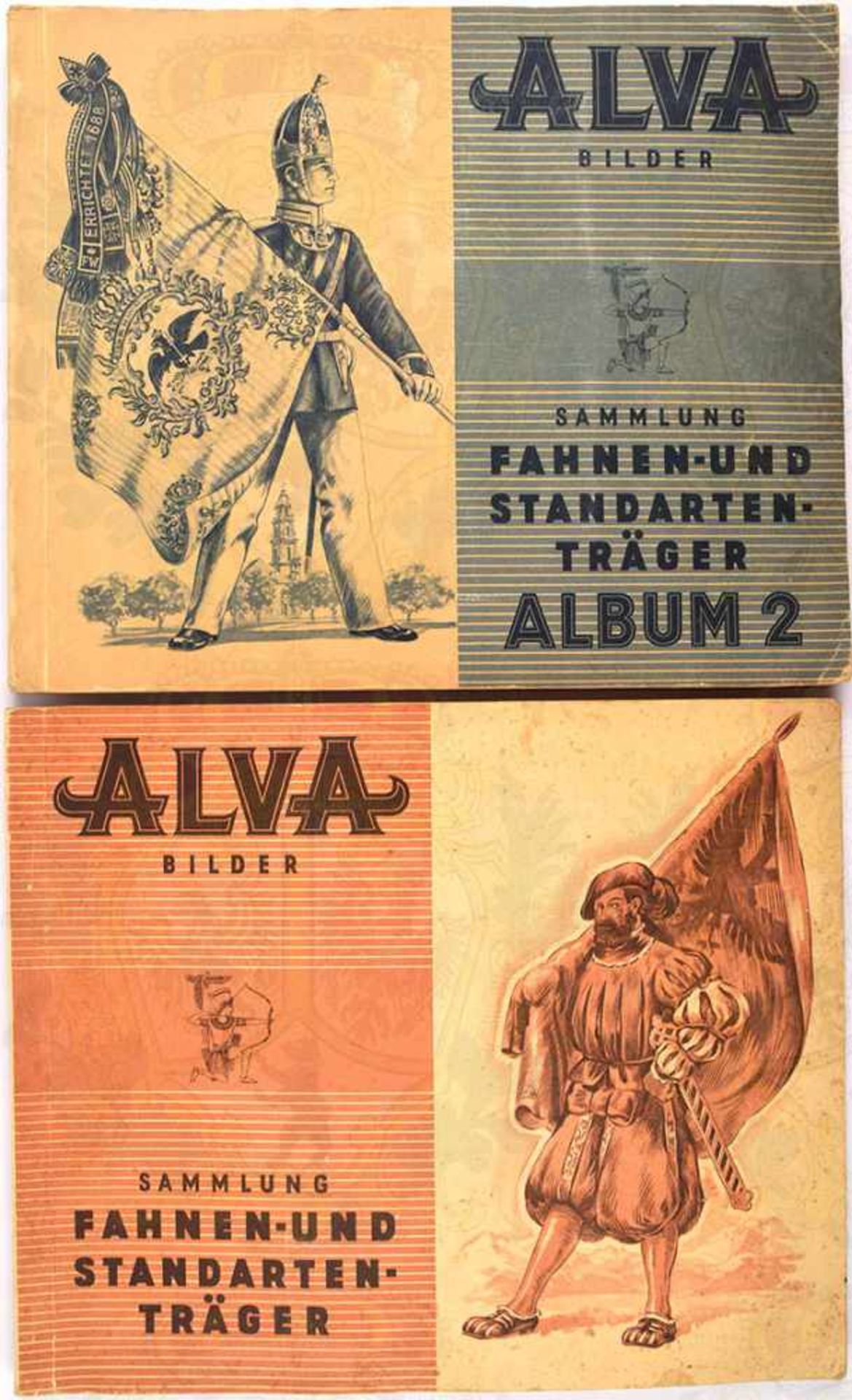 FAHNEN- UND STANDARTENTRÄGER, Album 1 u. 2, Alva Cig.-Co., Bremen 1933, zus. 398 farb. Bilder, kpl.,