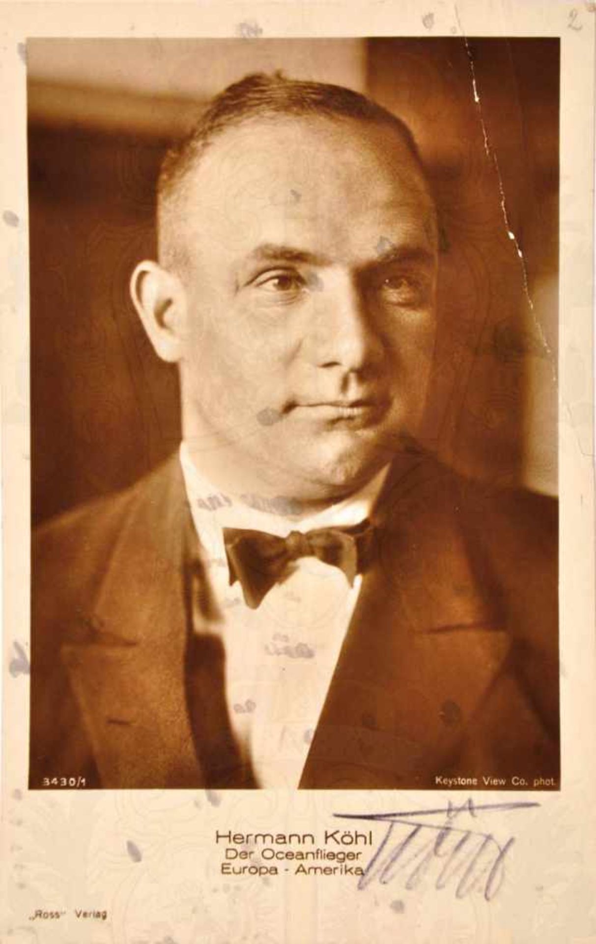 BESATZUNG ATLANTIKFLUG DER „BREMEN“ 1928: Foto-AK Hauptmann Hermann Köhl, (1888-1938), im WK Kdr. e.
