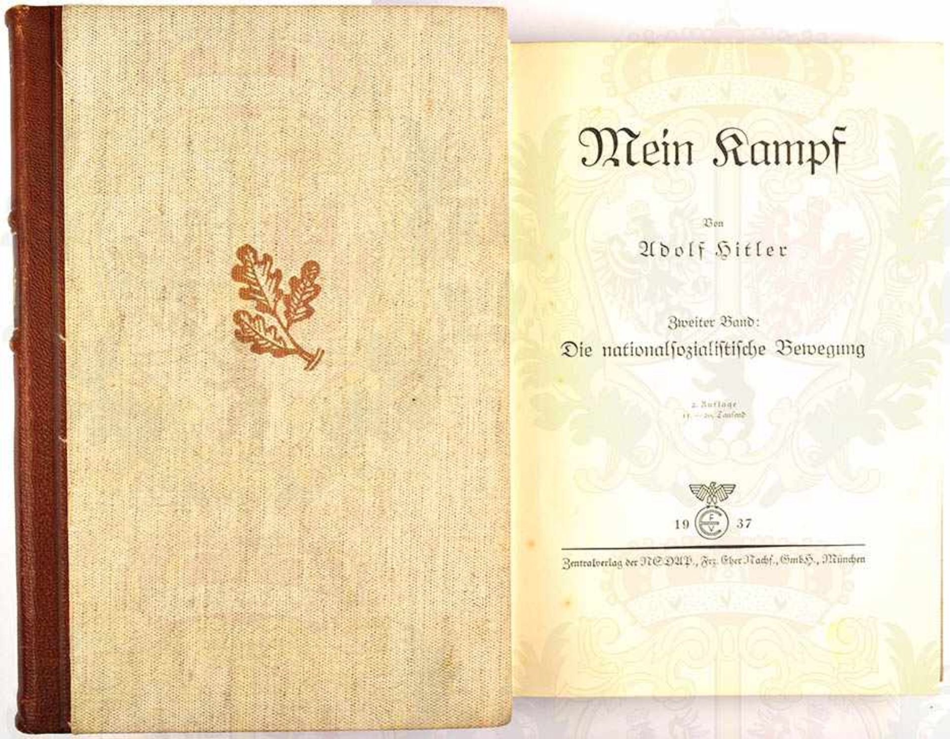 MEIN KAMPF, Adolf Hitler, sog. Eichenlaub-Geschenkausgabe, 2 Bände, Eher-V. 1937, 1 Portrait, 360 u.