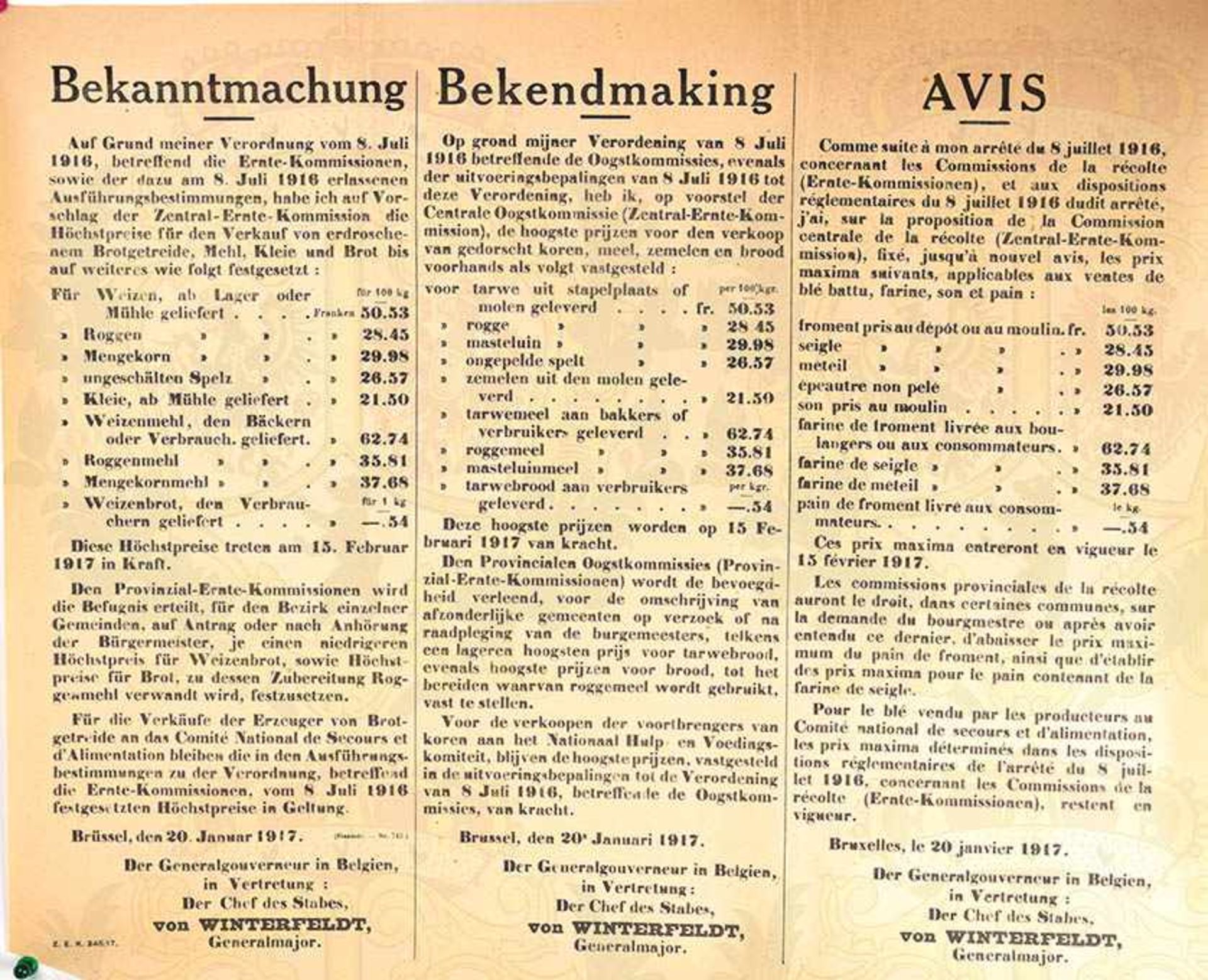 3 WANDANSCHLÄGE, Brüssel bzw. Namur, 1915-1917, Getreidepreise; Ankauf v. Eichen- u. Fichtenrinde;