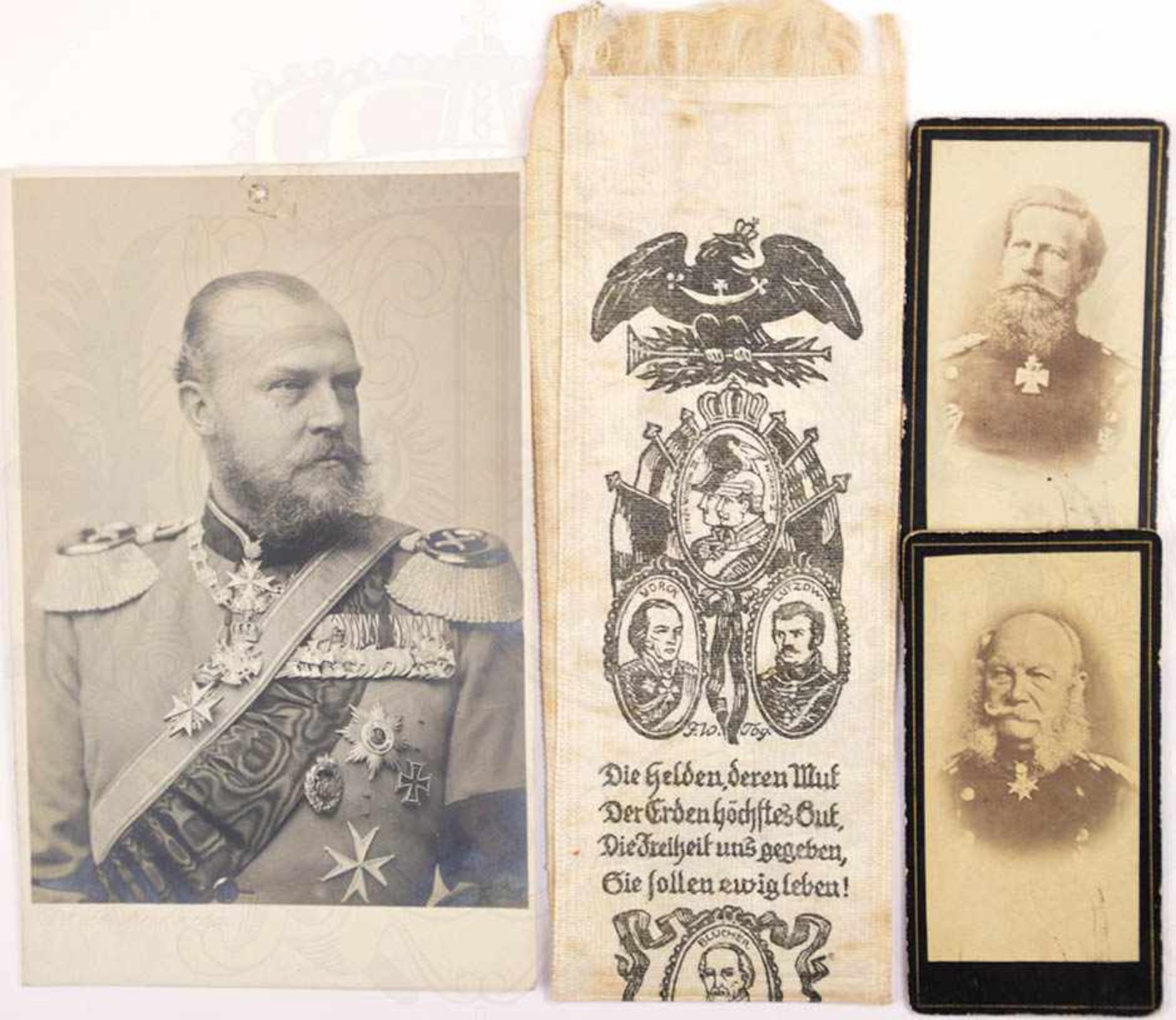 3 FOTOS, 2 Porträts Kaiser Wilhelm I. u. Friedrich III., je 8x4 cm, um 1880; Prinz Albrecht Sohn,