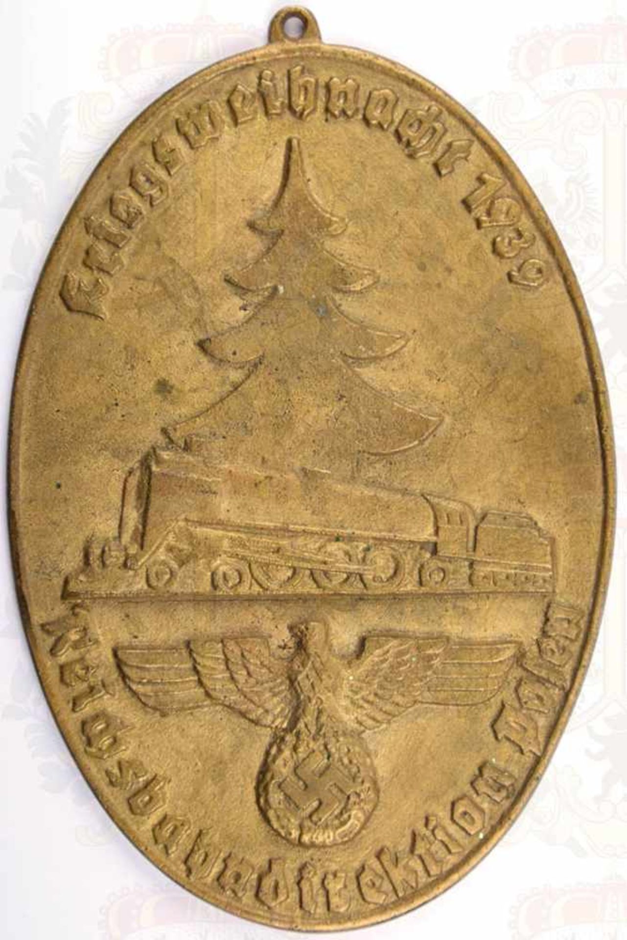 PLAKETTE „KRIEGSWEIHNACHT 1939“, „Reichsbahndirektion Posen“, relief. Bronzeguss, Dampflokomotive (