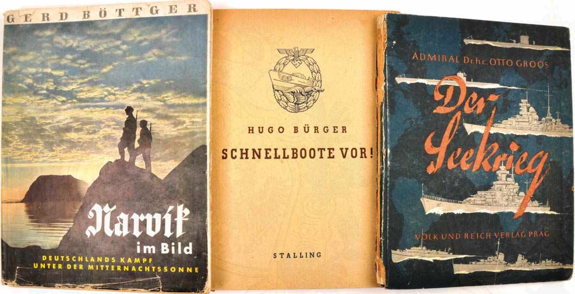 3 BILDBÄNDE KRIEGSMARINE: „Der Seekrieg“, Prag 1943, 120 S. u. 1 Karte, Rücken fehlt; „