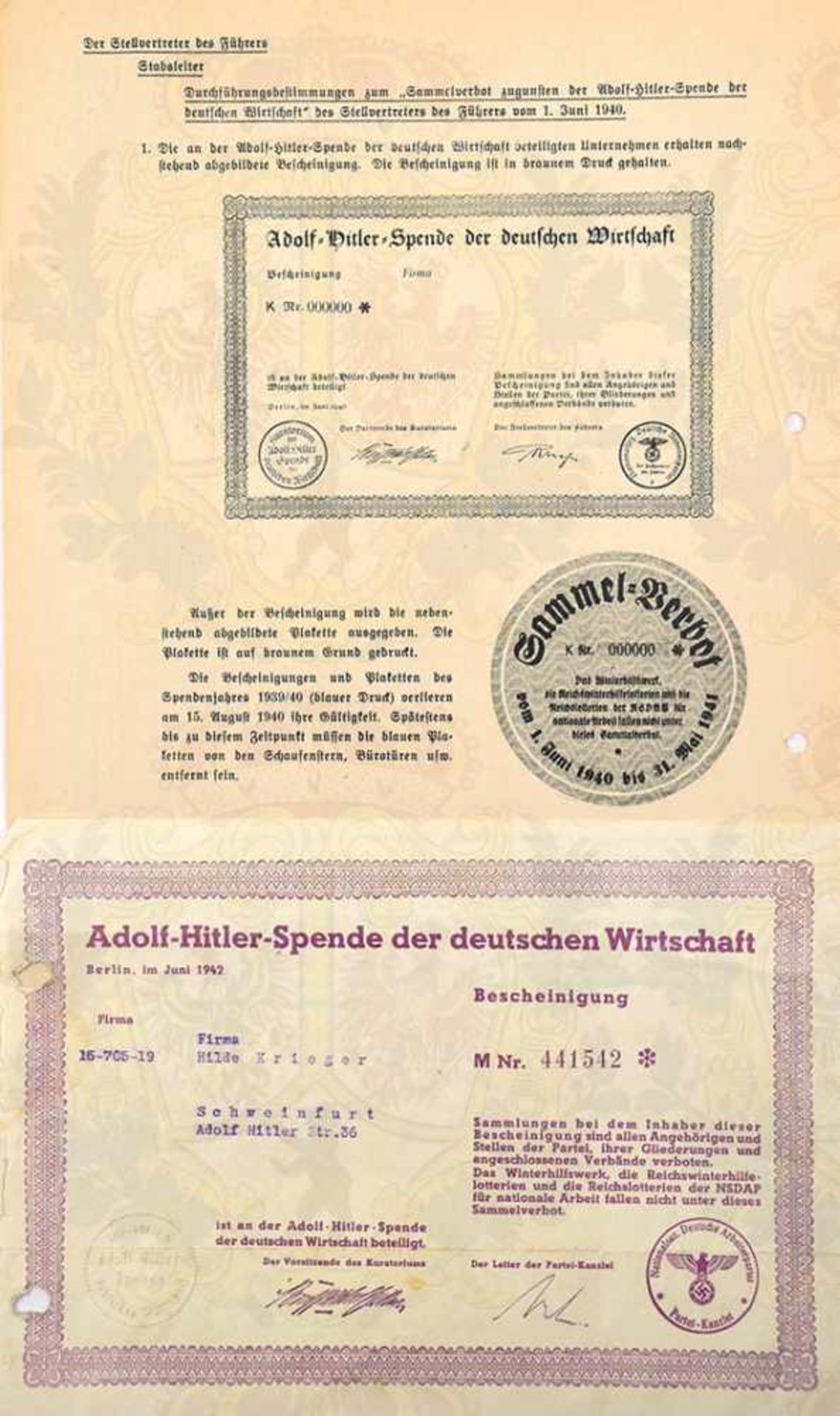 BESCHEINIGUNG ZUR ADOLF HITLER-SPENDE, d. deutschen Wirtschaft, Juni 1942, f. e. Firma in