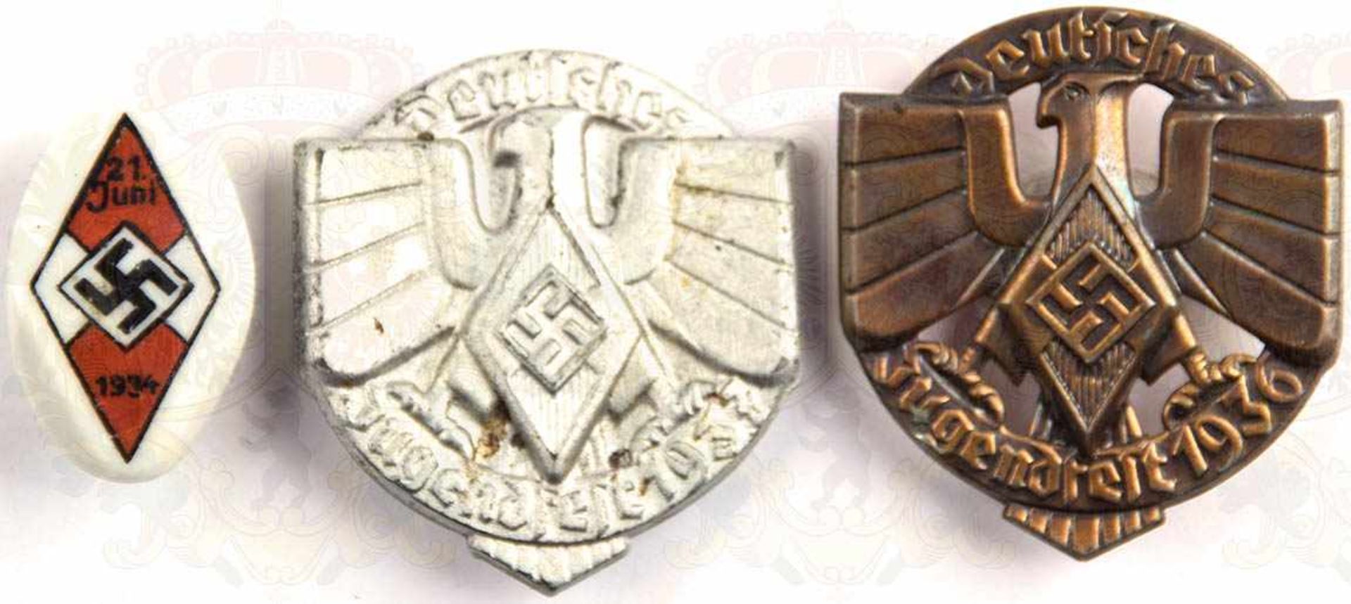 3 ABZEICHEN HJ, Deutsches Jugendfest 1936 bzw. 1937, hohl geprägt, bronze/silber-farben