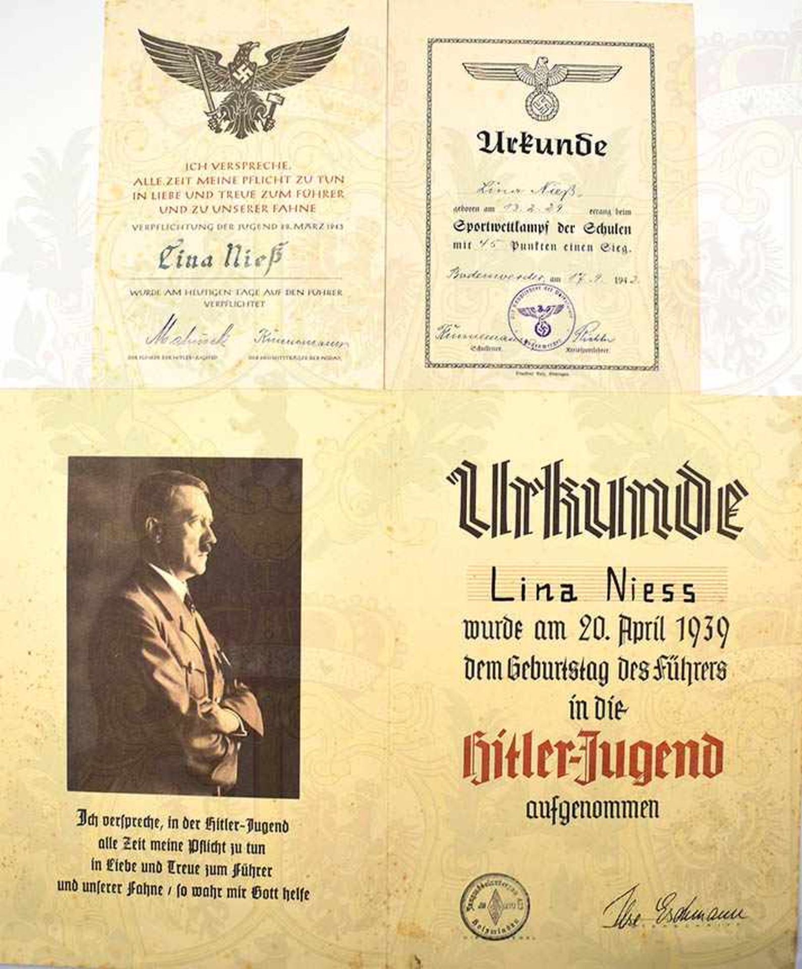 URKUNDENGRUPPE BDM, Mädel aus Bodenwerder, Aufnahme-Urkunde i. d. HJ, 20. 4. 1939, m. Hitler-Portr.;