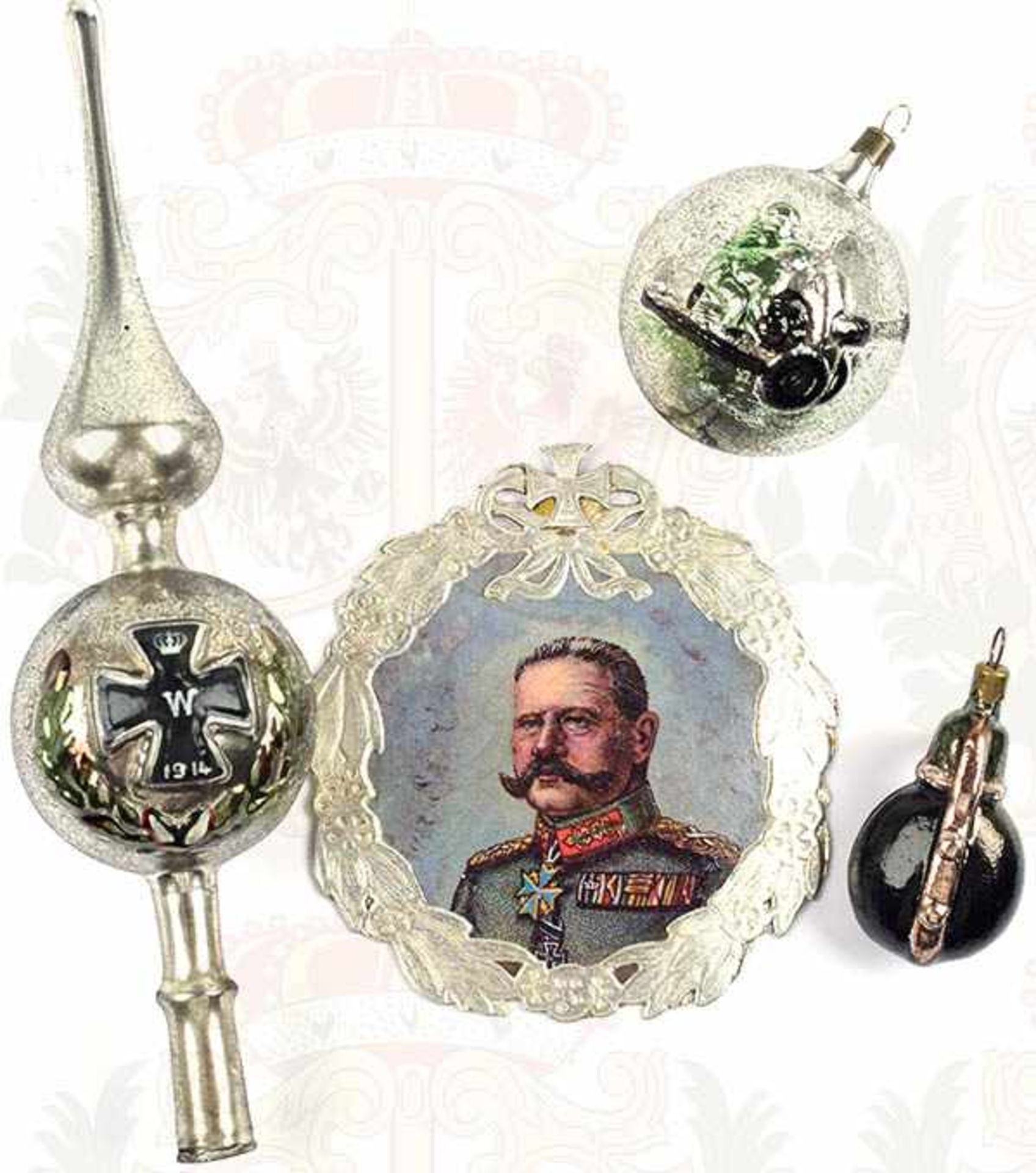 PATRIOTISCHER CHRISTBAUMSCHMUCK, 4 Teile, mehrfarbig bemaltes Glas, Spitze mit erhabenem EK 1914, H.