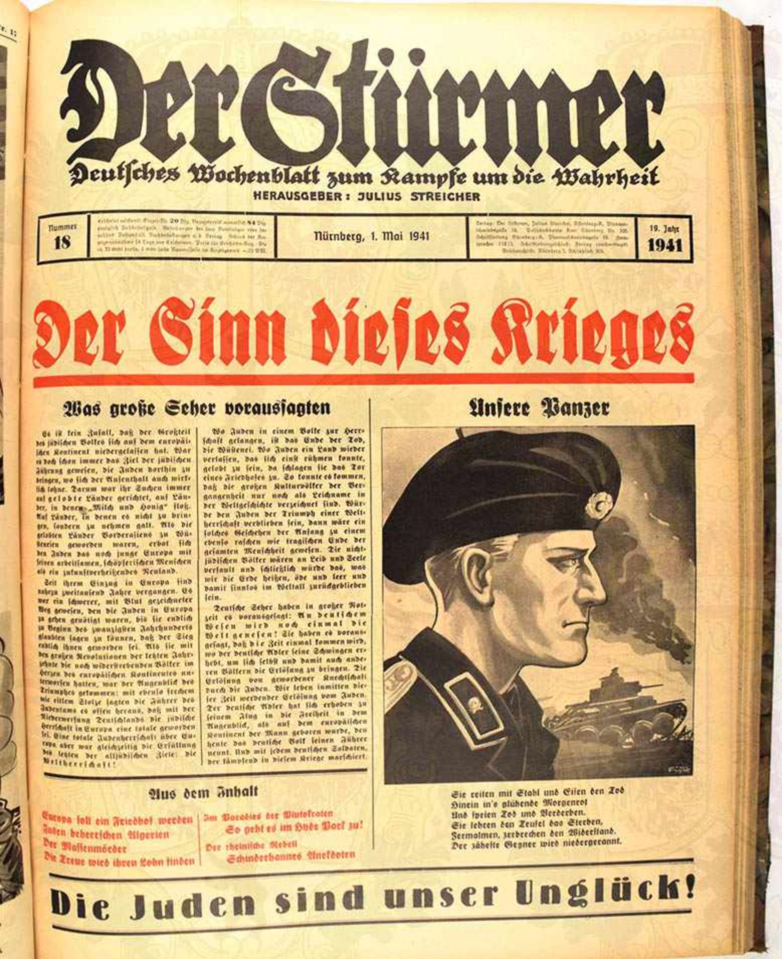 DER STÜRMER, 52 Ausgaben, Jg. 1941, Nr. 1-46 u. 48-52, eingebundene Nr. 47 vom Jg. 1939, dabei „