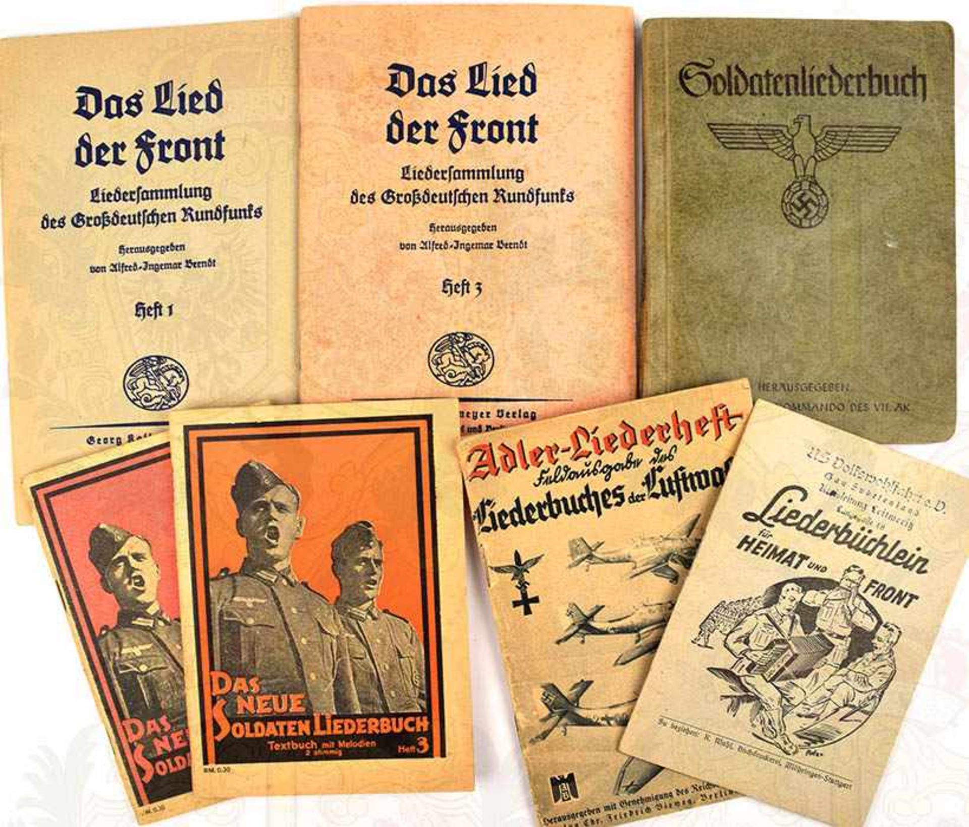 7 SOLDATEN-LIEDERBÜCHER, Adler-Liederheft, FP-Ausg. d. LB d. LW; Soldaten-LB d. VII. AK;