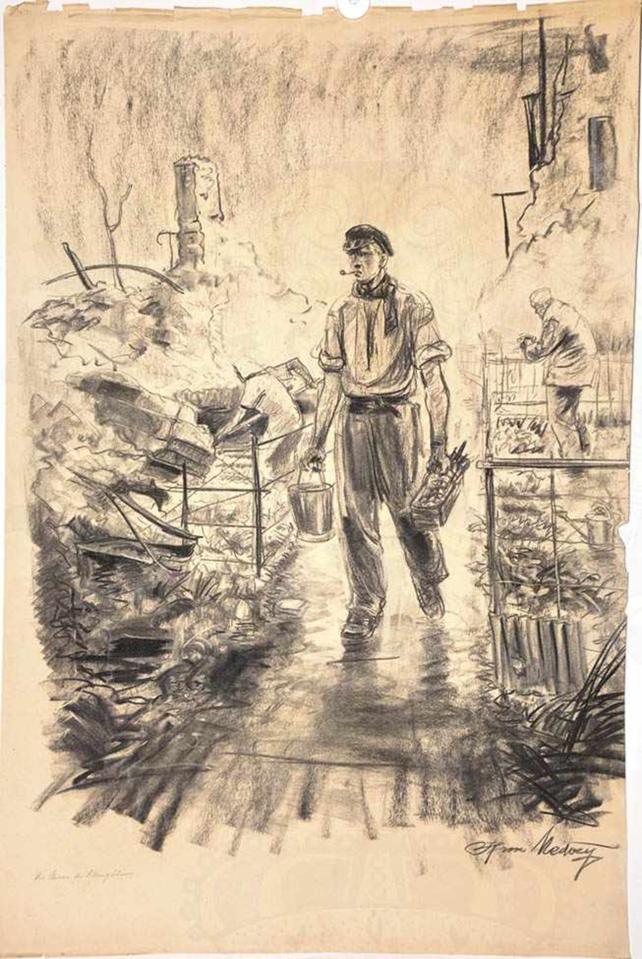 3 KOHLEZEICHNUNGEN d. PK-Zeichners Horst von Medvey, um 1944 od. frühe Nachkriegszeit: „Ausgebombt“, - Bild 2 aus 3