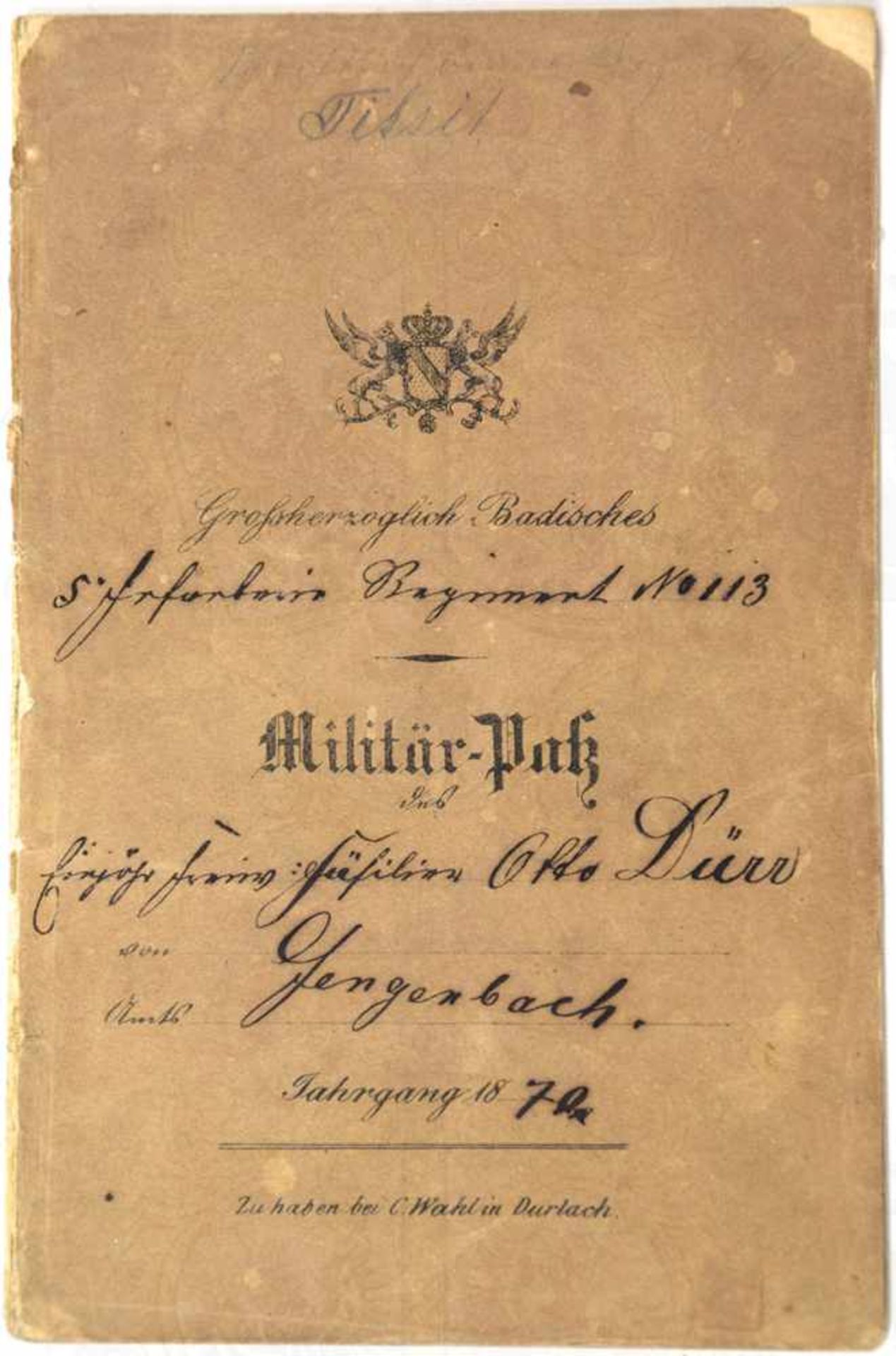 MILITÄRPAß 1870-1871, Umschlag m. Bad. Wappen, Füsilier v. 5. Bad. IR Nr. 113, Eintritt am 23. 7.