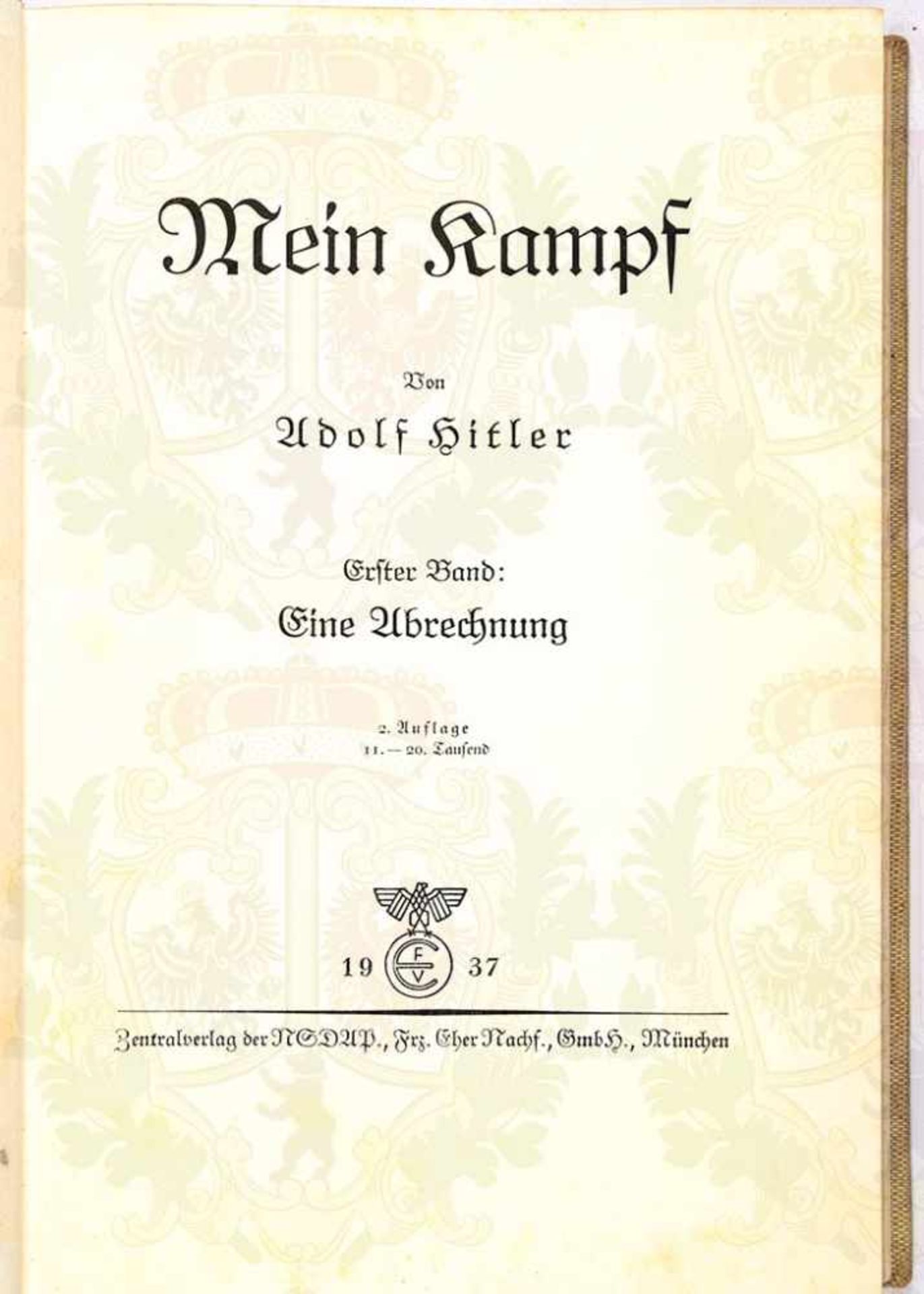 MEIN KAMPF, Adolf Hitler, sog. Eichenlaub-Geschenkausgabe, 2 Bände, Eher-V. 1937, 1 Portrait, 360 u. - Bild 2 aus 3