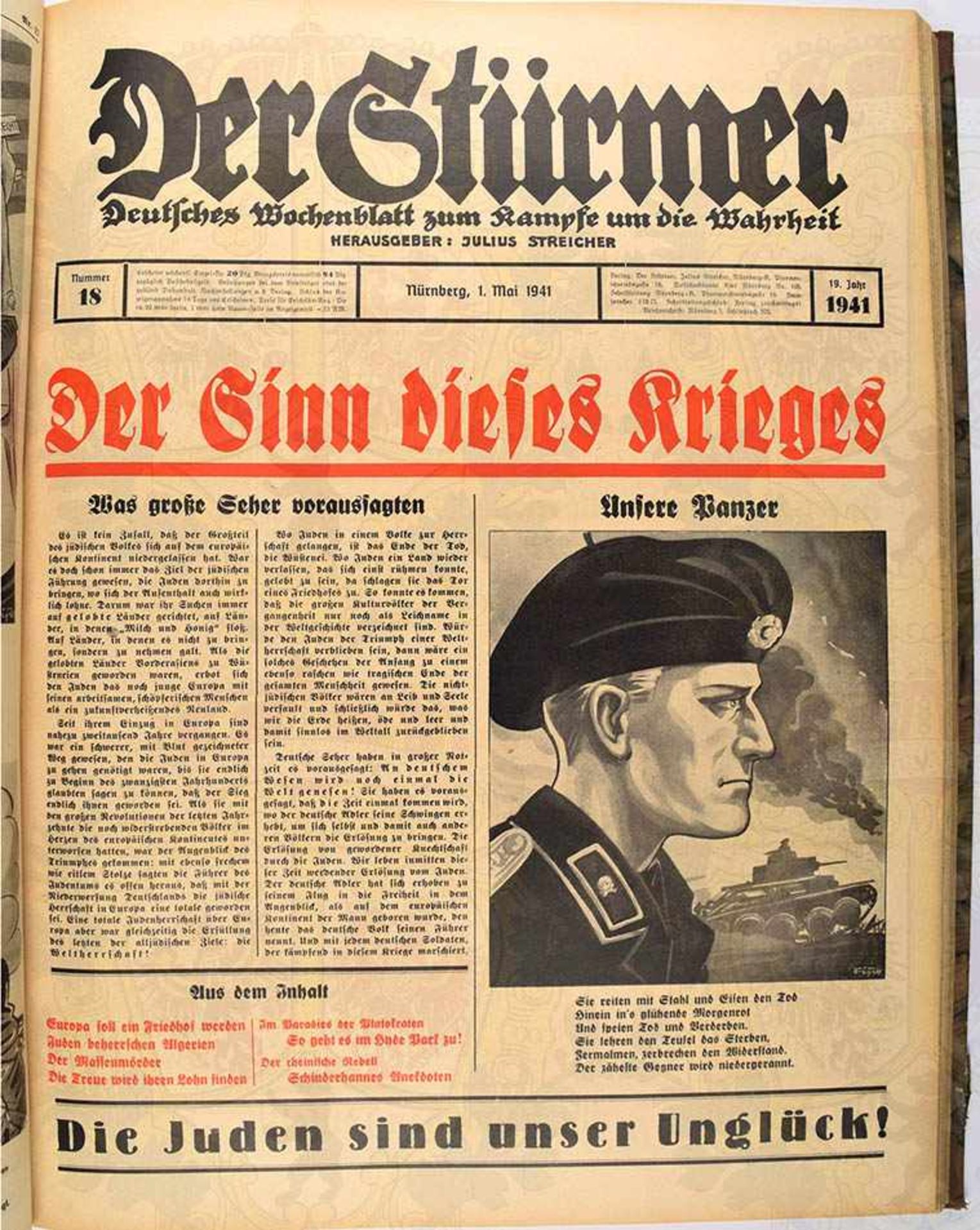 DER STÜRMER, 52 Ausgaben, Jg. 1941, Nr. 1-46 u. 48-52, eingebundene Nr. 47 vom Jg. 1939, dabei „ - Bild 2 aus 4