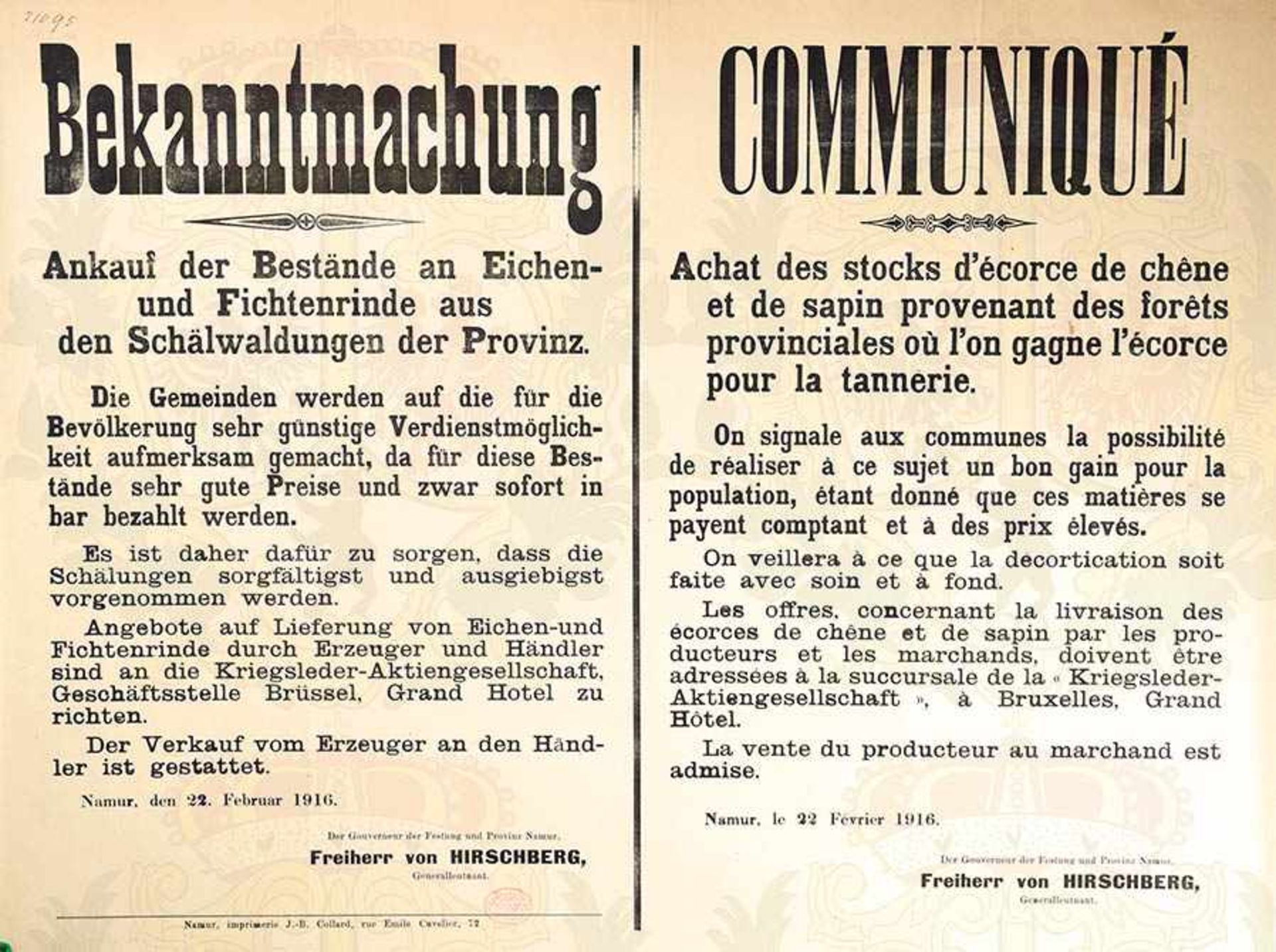 3 WANDANSCHLÄGE, Brüssel bzw. Namur, 1915-1917, Getreidepreise; Ankauf v. Eichen- u. Fichtenrinde; - Bild 2 aus 3