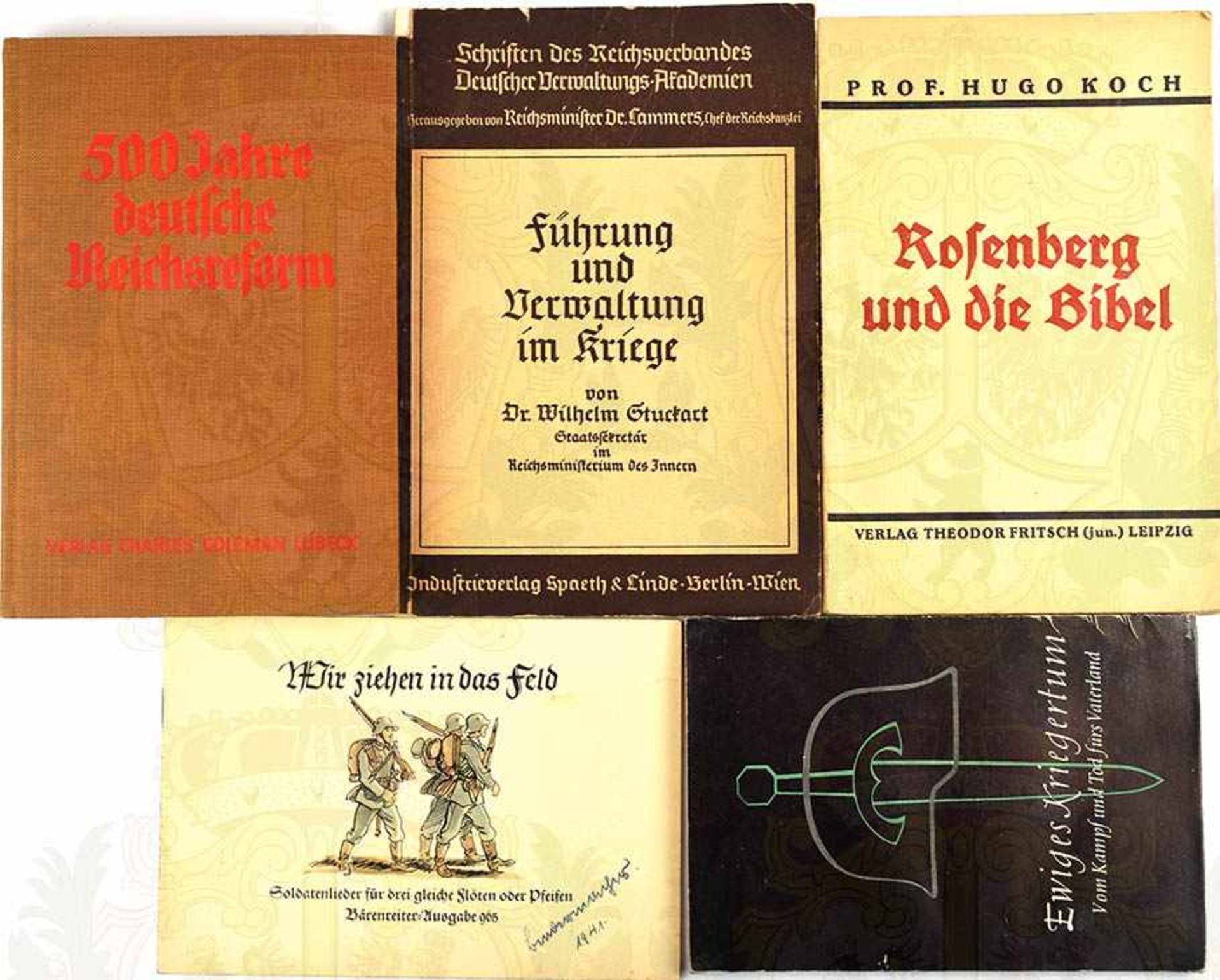 5 TITEL, Rosenberg u. d. Bibel, Theodor Fritsch Verlag 1935; Ewiges Kriegertum, 1941; Führung u.