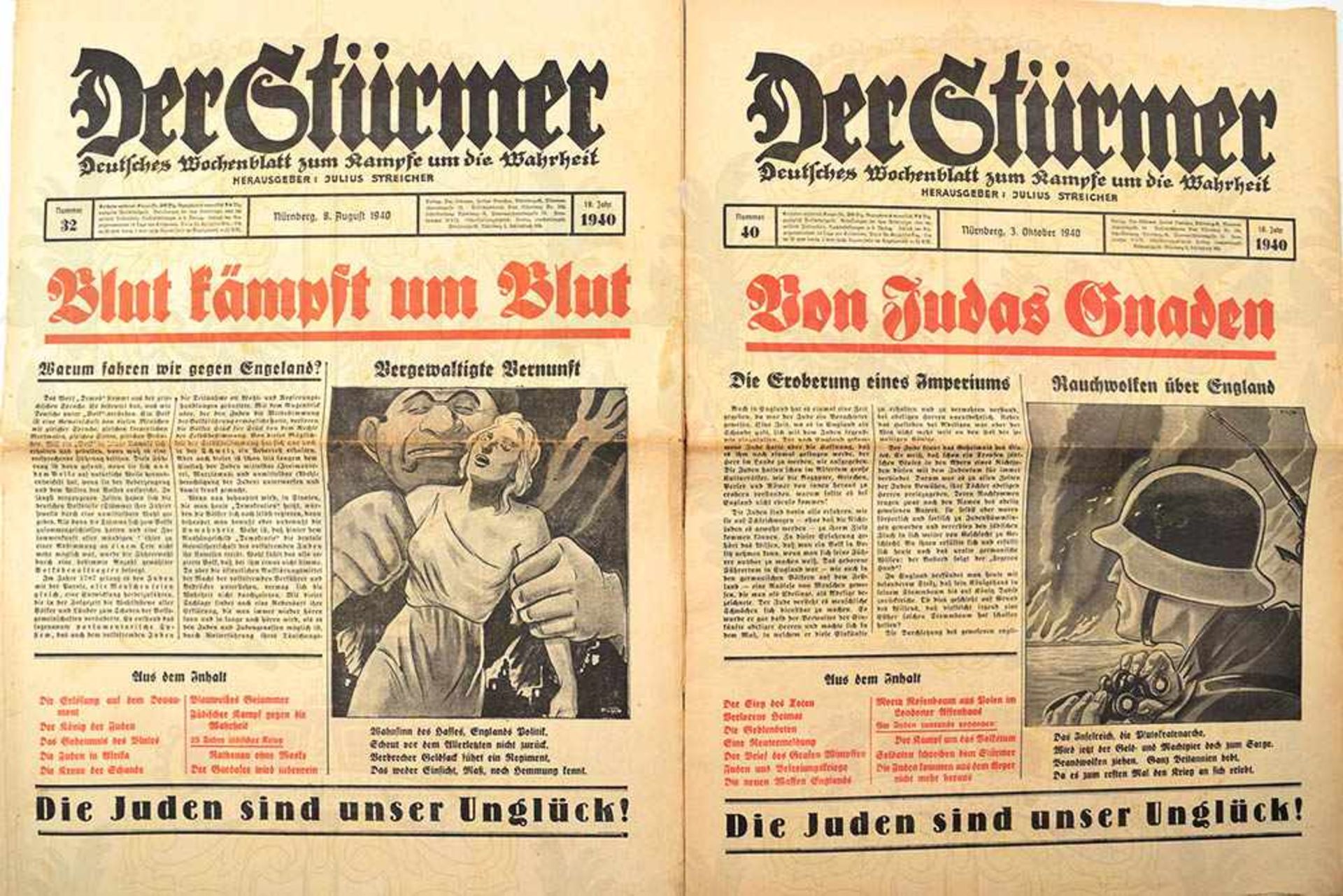 DER STÜRMER, 40 Ausgaben, Jg. 1940, Nr. 1-3, 8, 9, 11-15, 17-23, 25-27, 29-43, 45, 46, 48, 51 u. 52, - Bild 3 aus 4