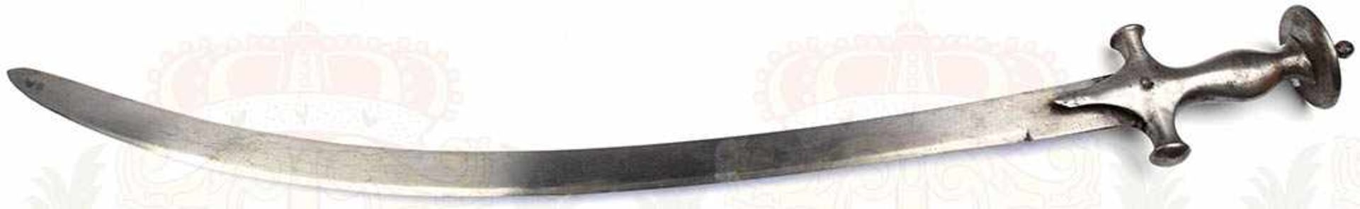 TULWAR, stark gekrümmte Keilklinge, etwas narbig u. fleckig, geputzt, L. 72 cm, schlichtes Eisen-