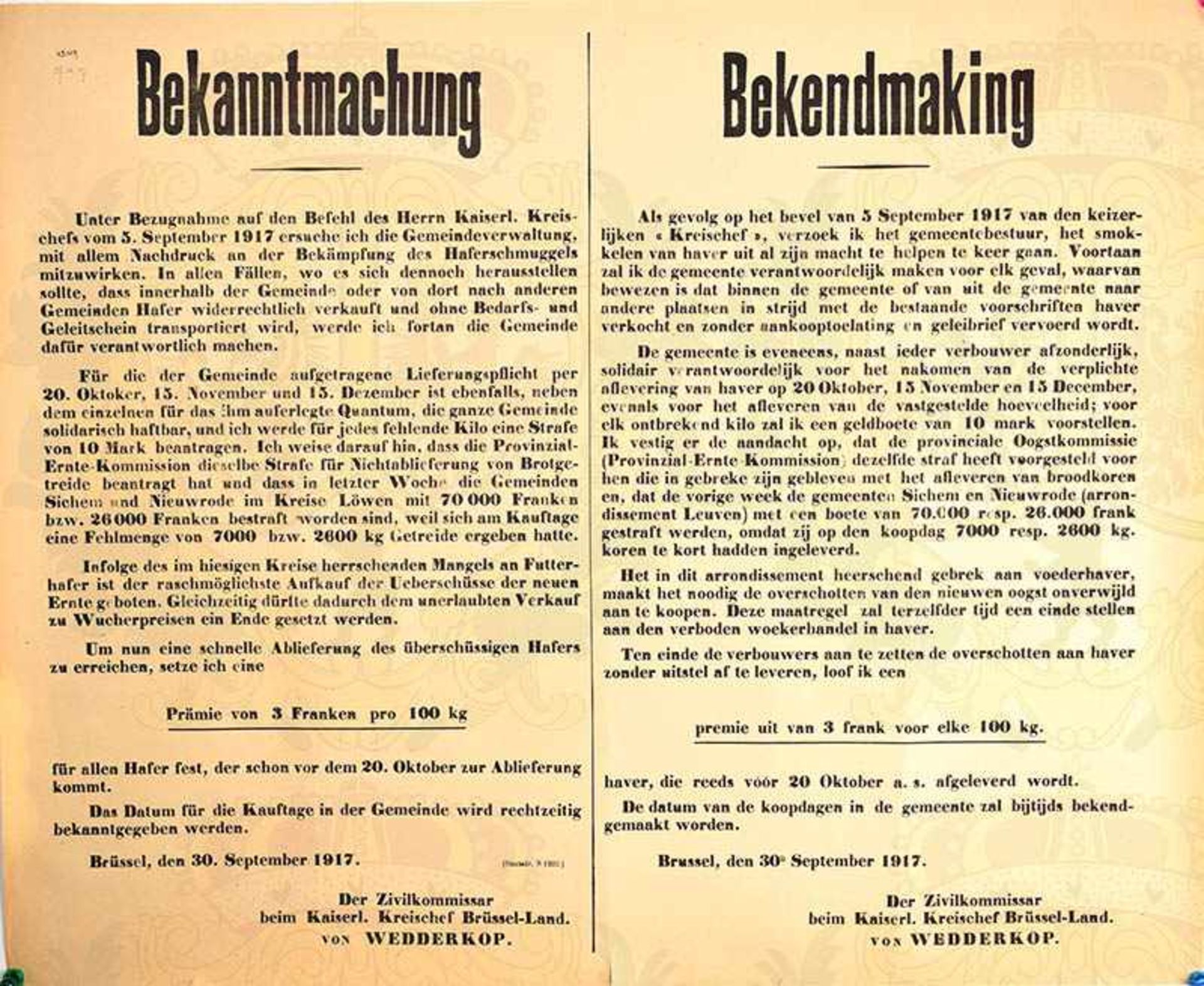 3 WANDANSCHLÄGE, Brüssel 1917, Haferschmuggel, Getreidepreise, Fahrradreifen-Erfassung, dt./fläm./