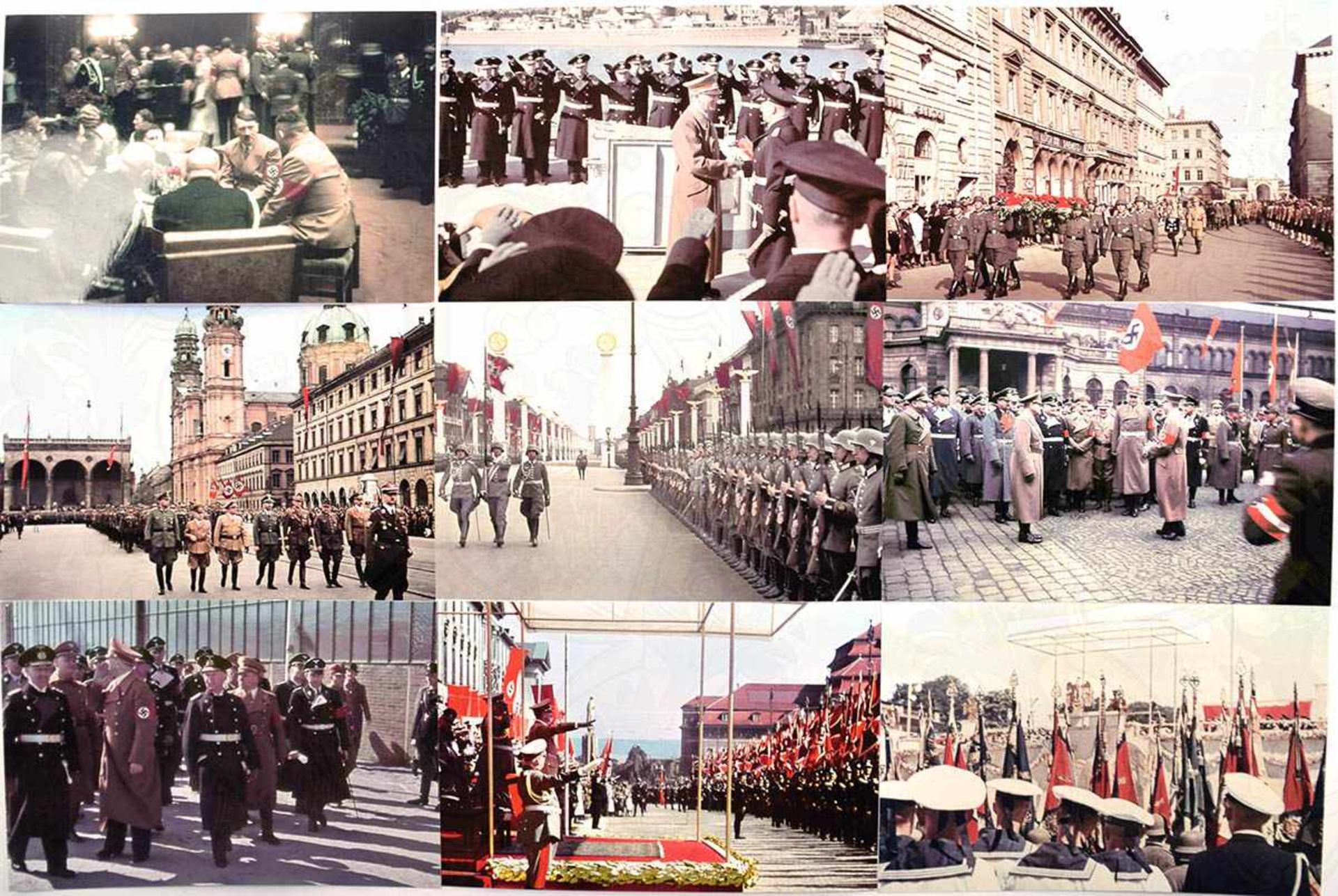 48 REPRO-FARBFOTOS, dabei A. Hitler bei Flottenbesuchen, Abnahme von Paraden, in Gesellschaft von