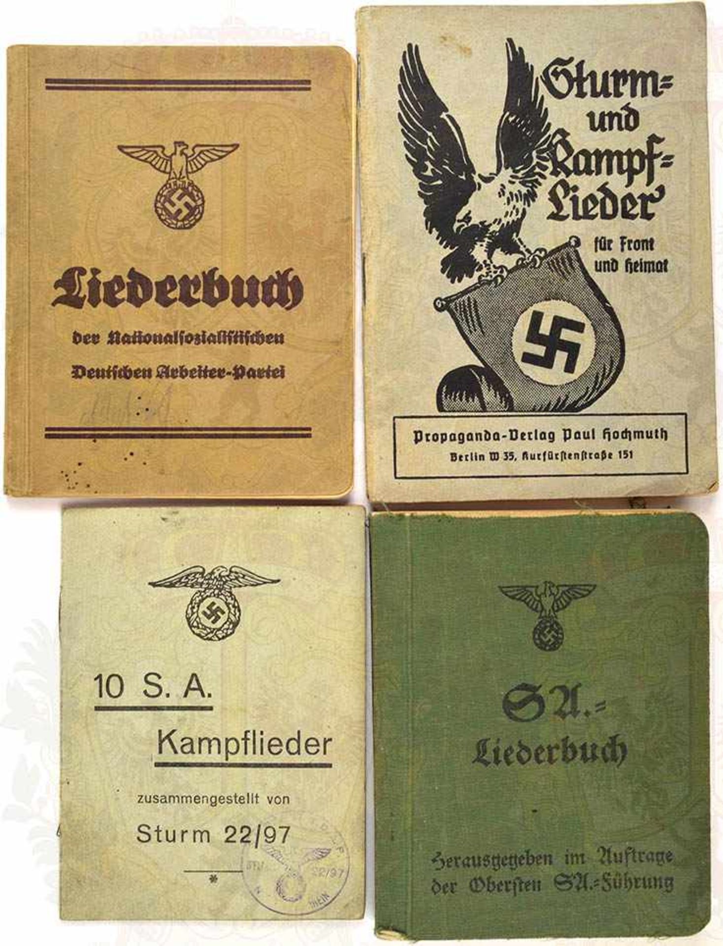 4 SA/NSDAP-LIEDERBÜCHER, 10 SA-Kampflieder, zusammengestellt v. Sturm 22/97, um 1930; SA-Liederbuch,