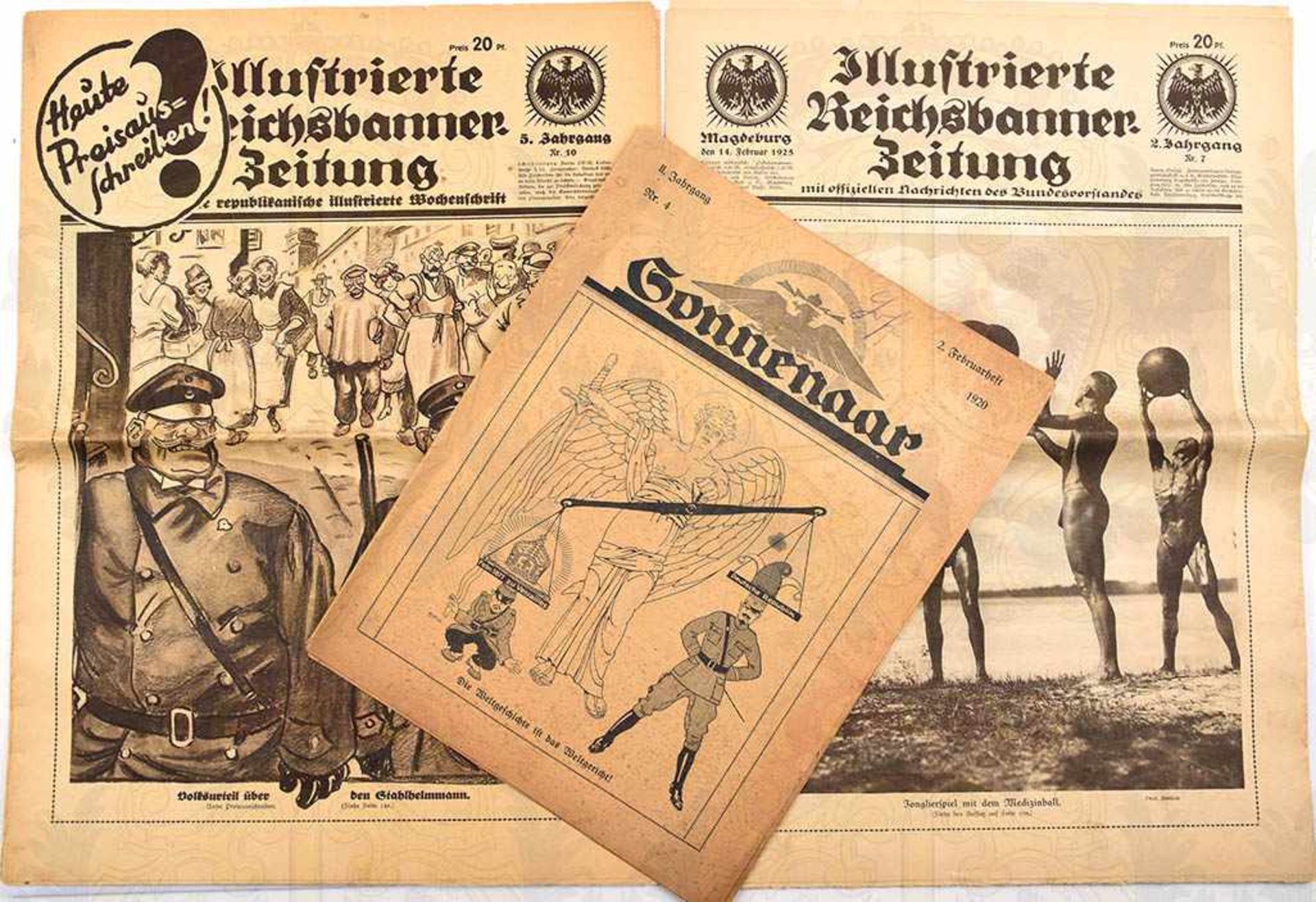 KONVOLUT ZEITUNGEN, ges. 5 Ausgaben, 2x „Illustrierte Reichsbanner-Zeitung“, 1925 u. 1928; 1x „