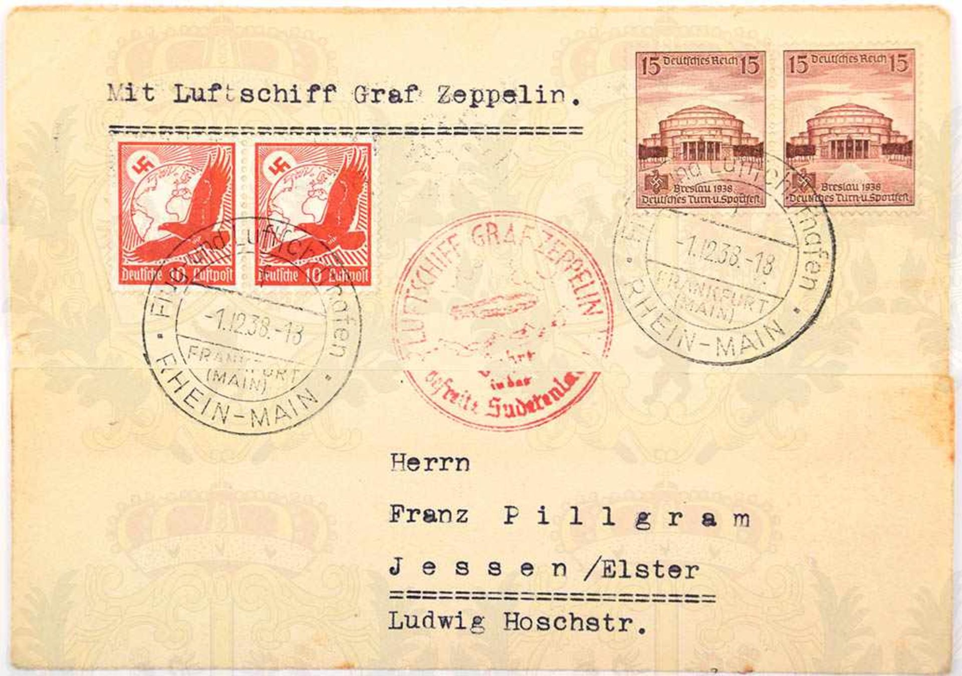 BRIEFKUVERT, gel. 1.12.1938 nach Jessen/Elster, beschriftet „Mit Luftschiff Graf Zeppelin“, 2